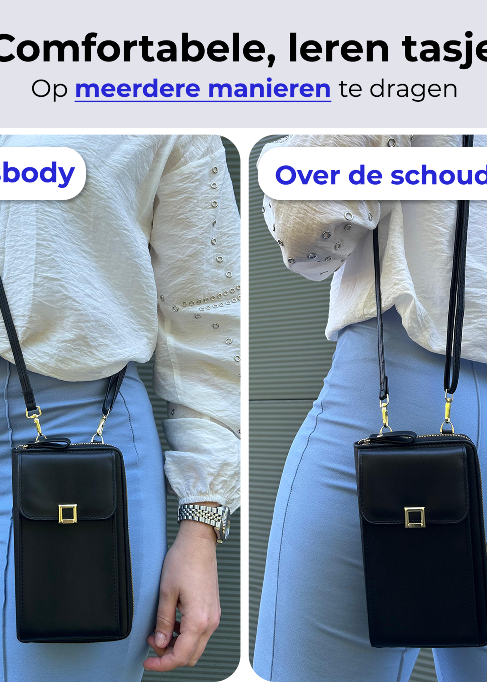 BTH Telefoontasje Met Portemonee Schoudertas Voor Telefoon - Lederen Crossbody Tas Dames - Zwart