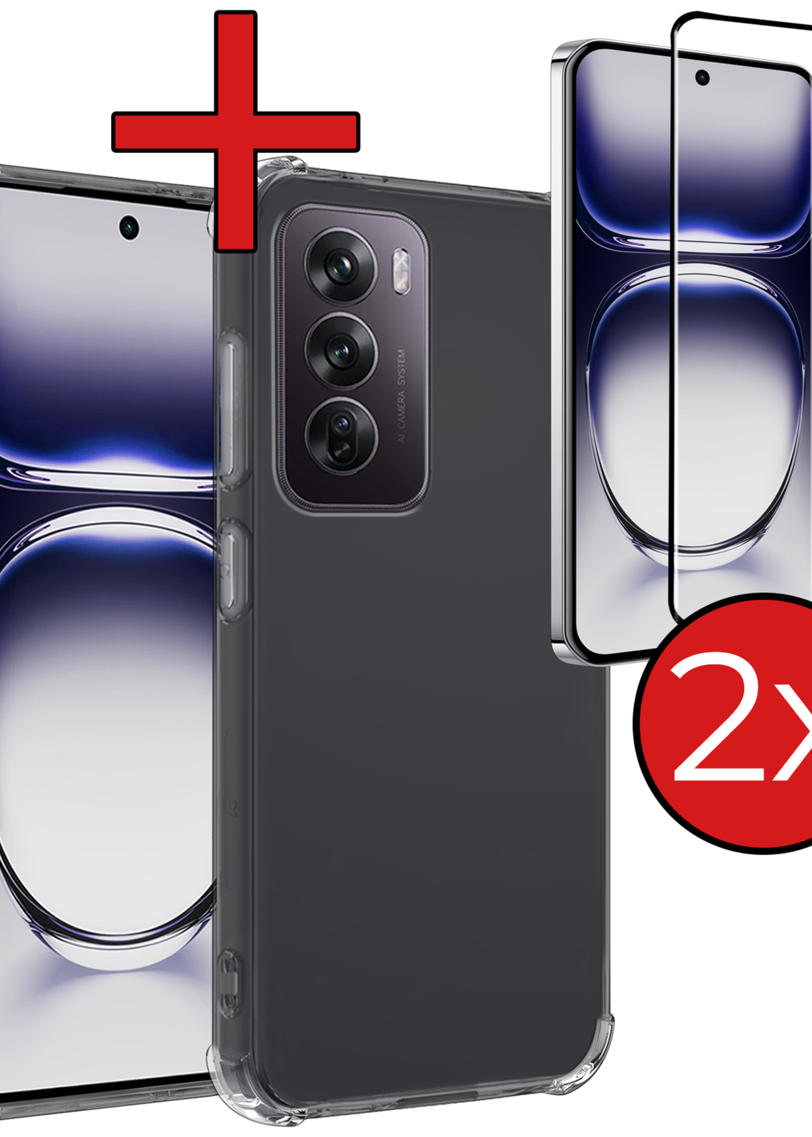 BTH Hoesje Geschikt voor Oppo Reno12 Hoesje Shock Proof Cover Case Shockproof Met 2x Screenprotector - Hoes Geschikt voor Oppo Reno12 Hoes Siliconen Back Case - Transparant