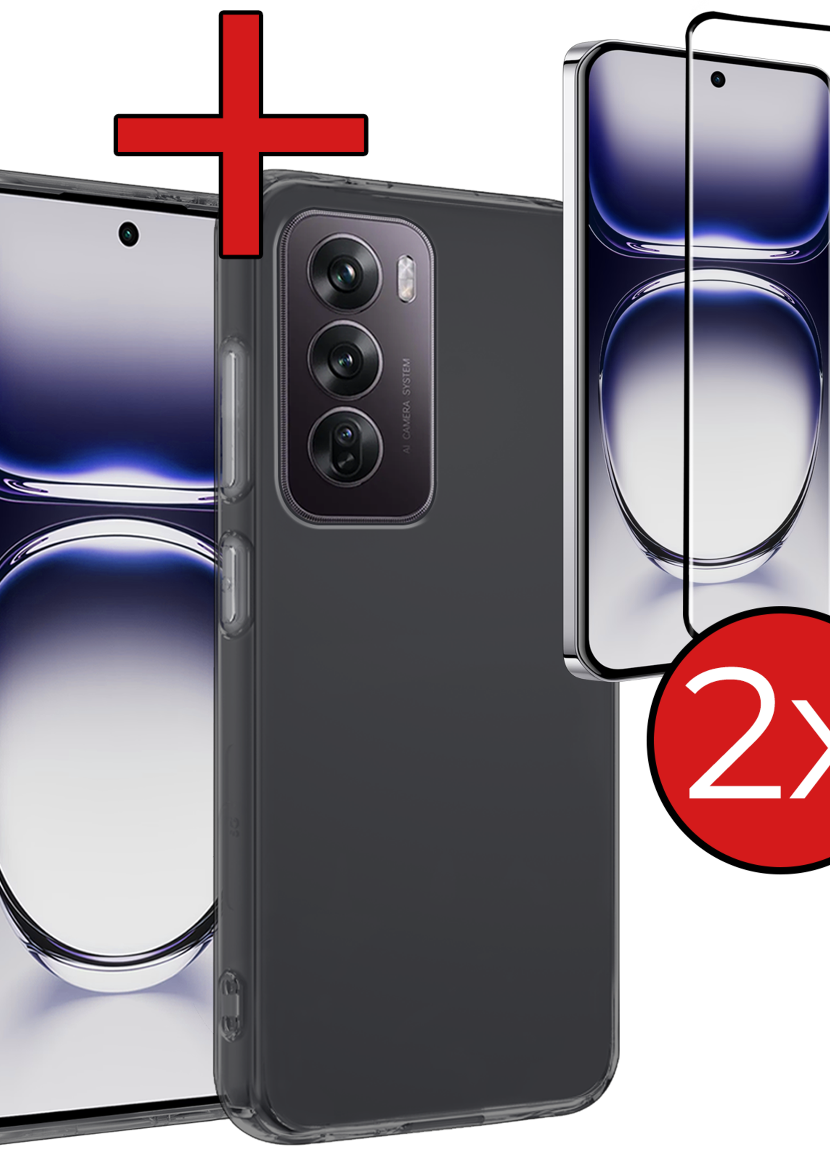 BTH Hoes Geschikt voor Oppo Reno12 Pro Hoesje Siliconen Back Cover Case Met 2x Screenprotector - Hoesje Geschikt voor Oppo Reno12 Pro Hoes Cover Hoesje - Transparant
