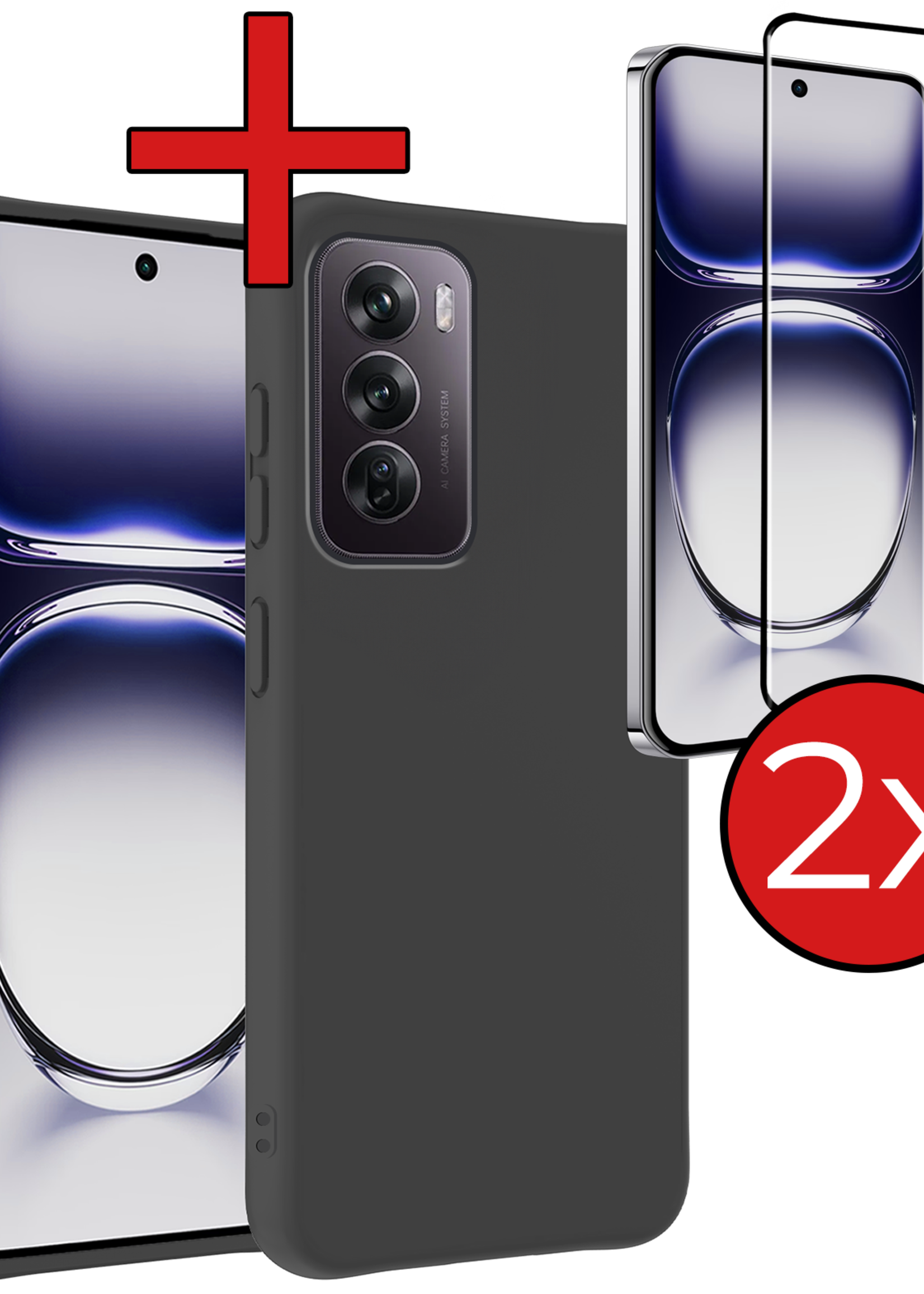 BTH Hoes Geschikt voor Oppo Reno12 Pro Hoesje Siliconen Back Cover Case Met 2x Screenprotector - Hoesje Geschikt voor Oppo Reno12 Pro Hoes Cover Hoesje - Zwart