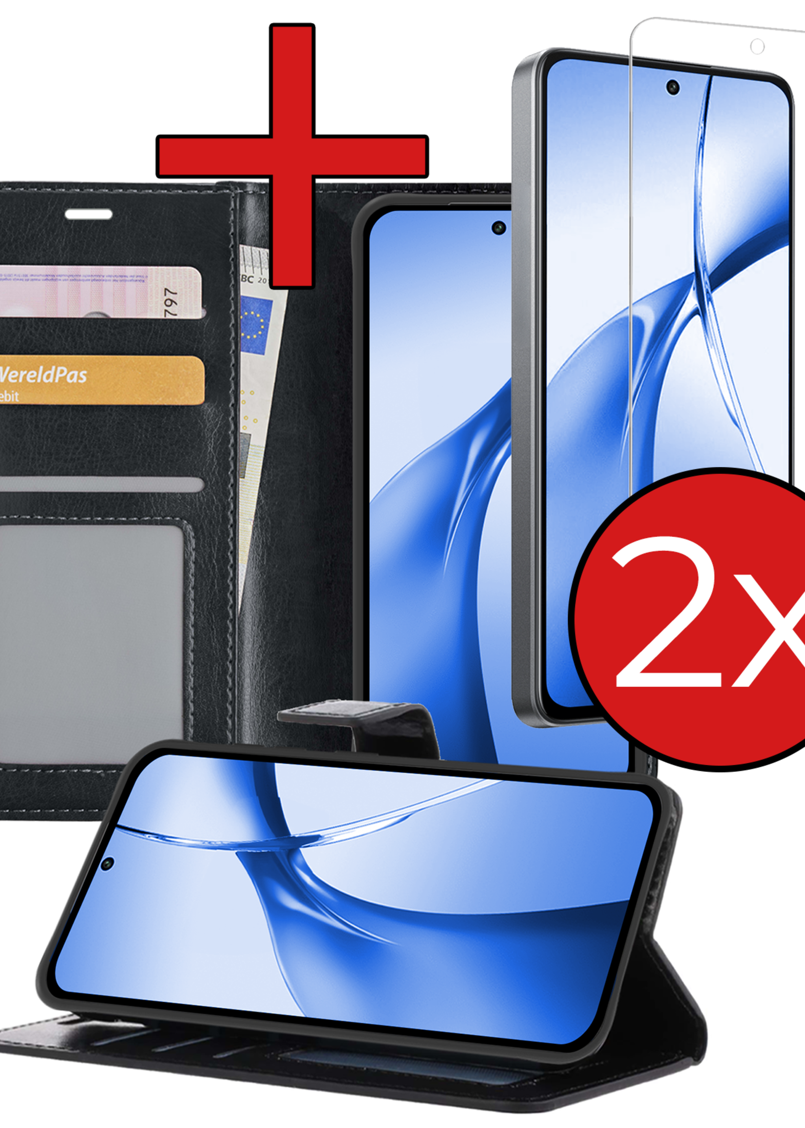 BTH Hoesje Geschikt voor OnePlus Nord CE4 Hoesje Book Case Hoes Portemonnee Cover Walletcase Met 2x Screenprotector - Hoes Geschikt voor OnePlus Nord CE4 Hoes Bookcase Hoesje - Zwart