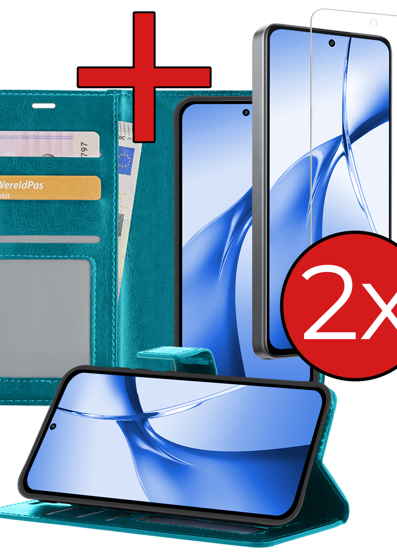 BTH Hoesje Geschikt voor OnePlus Nord CE4 Hoesje Book Case Hoes Portemonnee Cover Walletcase Met 2x Screenprotector - Hoes Geschikt voor OnePlus Nord CE4 Hoes Bookcase Hoesje - Turquoise