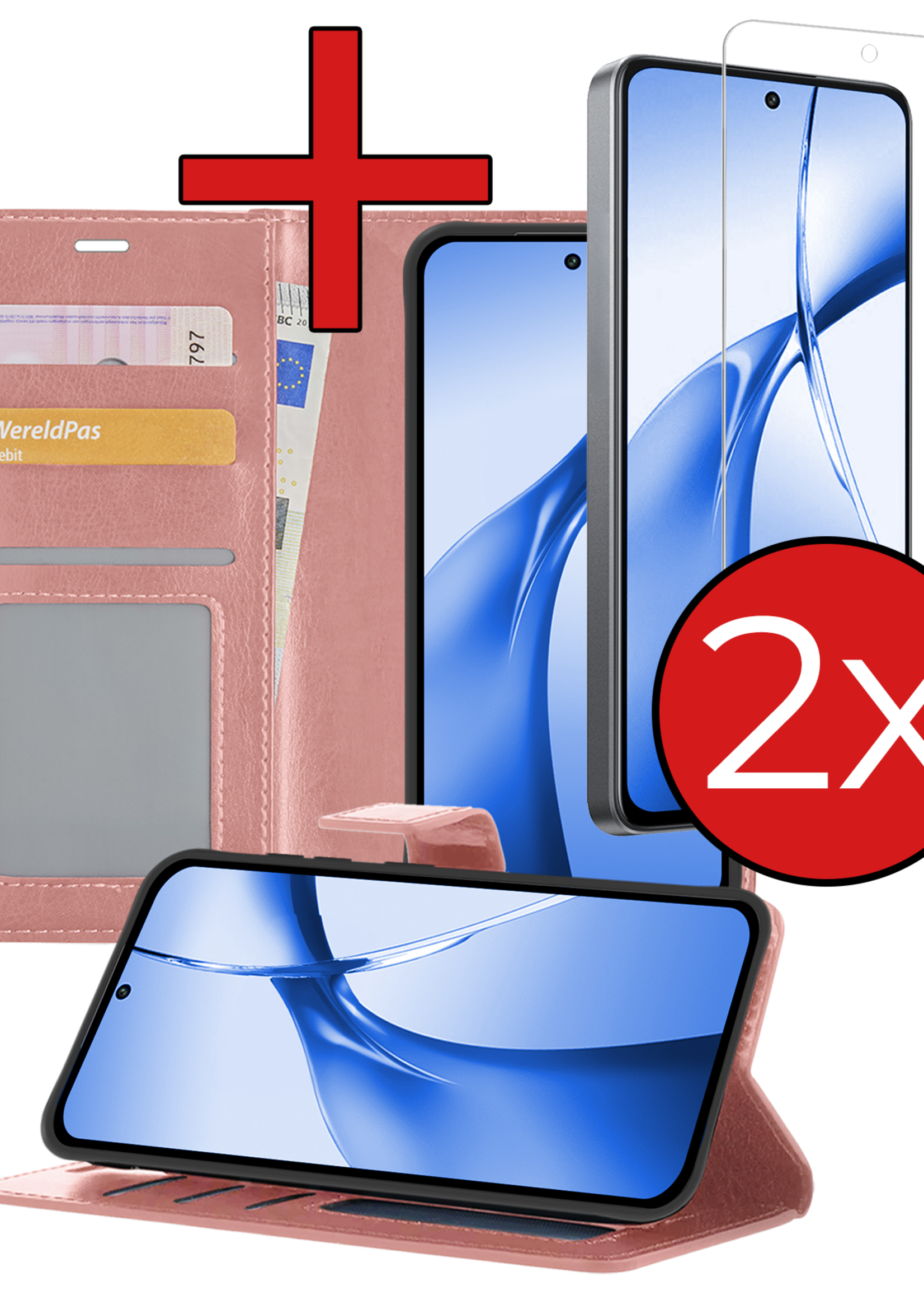 BTH Hoesje Geschikt voor OnePlus Nord CE4 Hoesje Book Case Hoes Portemonnee Cover Walletcase Met 2x Screenprotector - Hoes Geschikt voor OnePlus Nord CE4 Hoes Bookcase Hoesje - Rosé goud