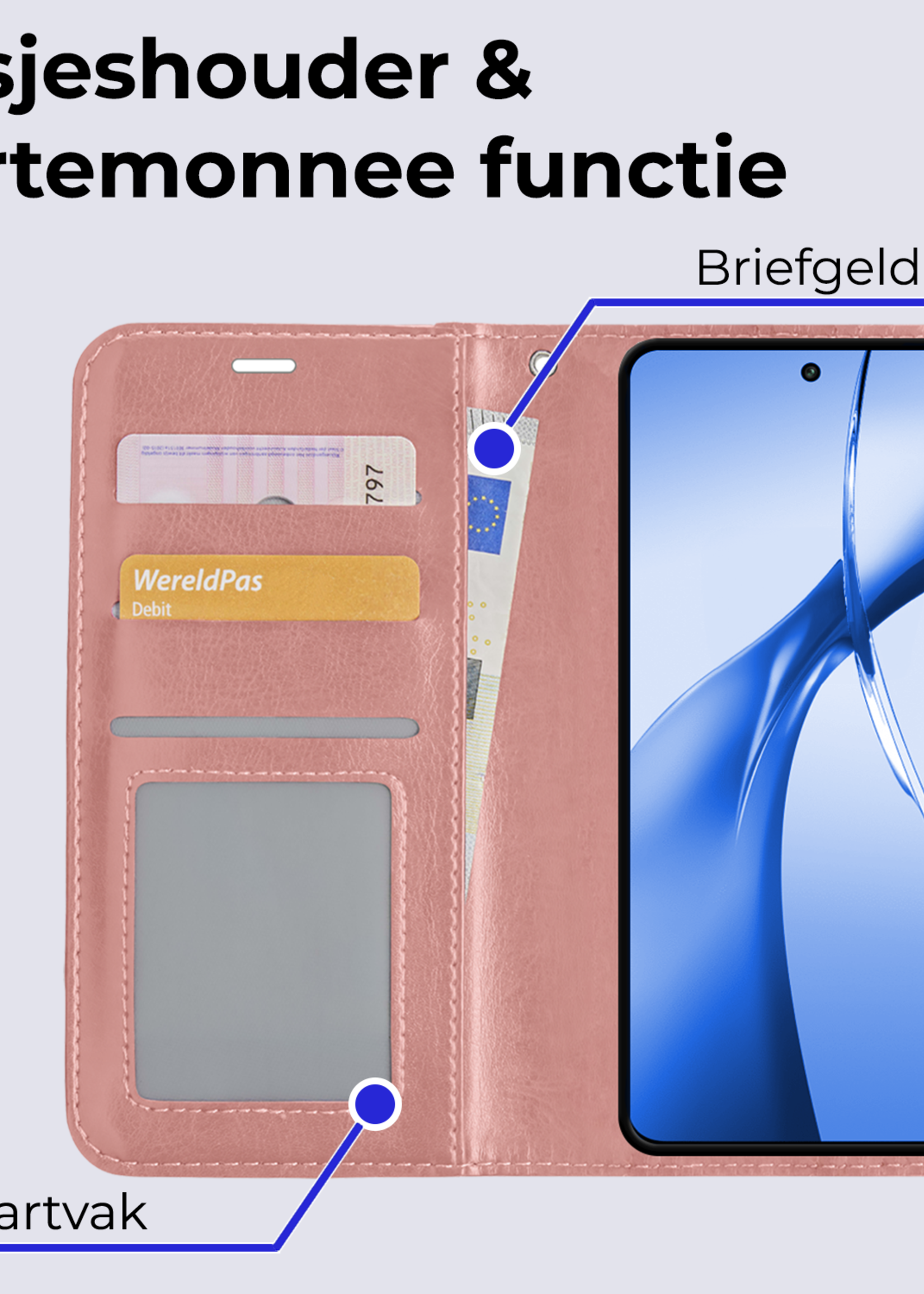 BTH Hoesje Geschikt voor OnePlus Nord CE4 Hoesje Book Case Hoes Portemonnee Cover Walletcase Met 2x Screenprotector - Hoes Geschikt voor OnePlus Nord CE4 Hoes Bookcase Hoesje - Rosé goud