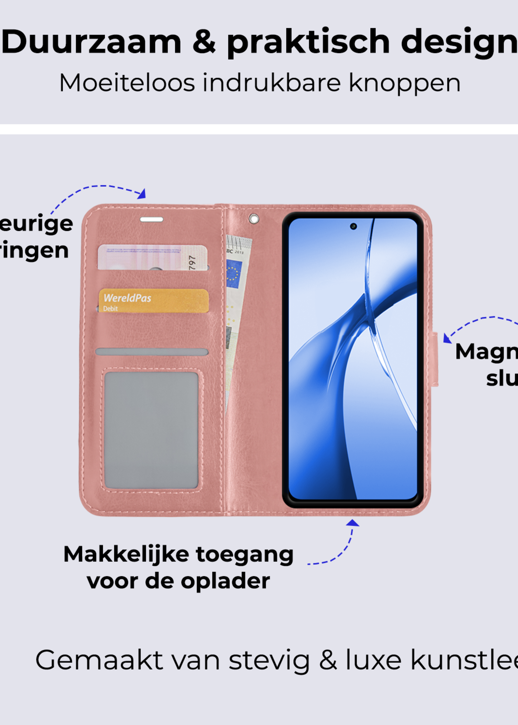 BTH Hoesje Geschikt voor OnePlus Nord CE4 Hoesje Book Case Hoes Portemonnee Cover Walletcase Met 2x Screenprotector - Hoes Geschikt voor OnePlus Nord CE4 Hoes Bookcase Hoesje - Rosé goud