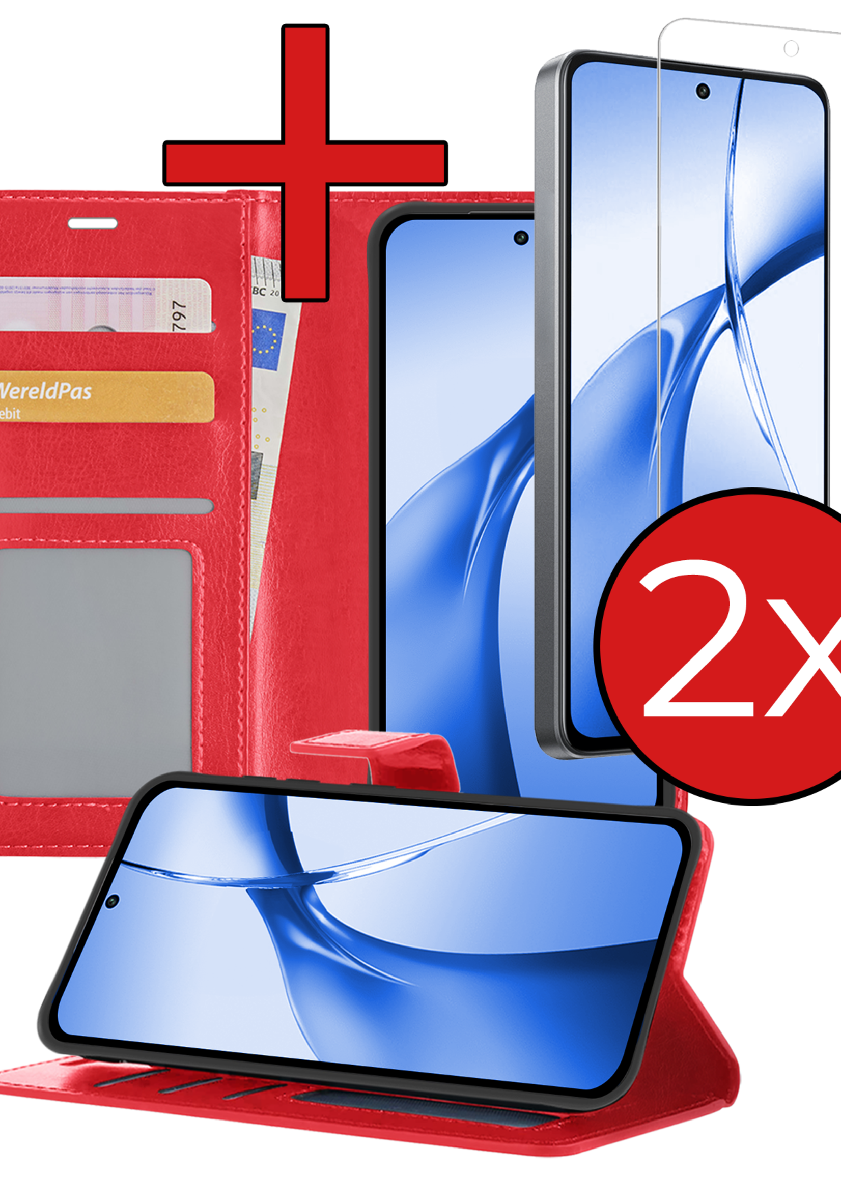 BTH Hoesje Geschikt voor OnePlus Nord CE4 Hoesje Book Case Hoes Portemonnee Cover Walletcase Met 2x Screenprotector - Hoes Geschikt voor OnePlus Nord CE4 Hoes Bookcase Hoesje - Rood