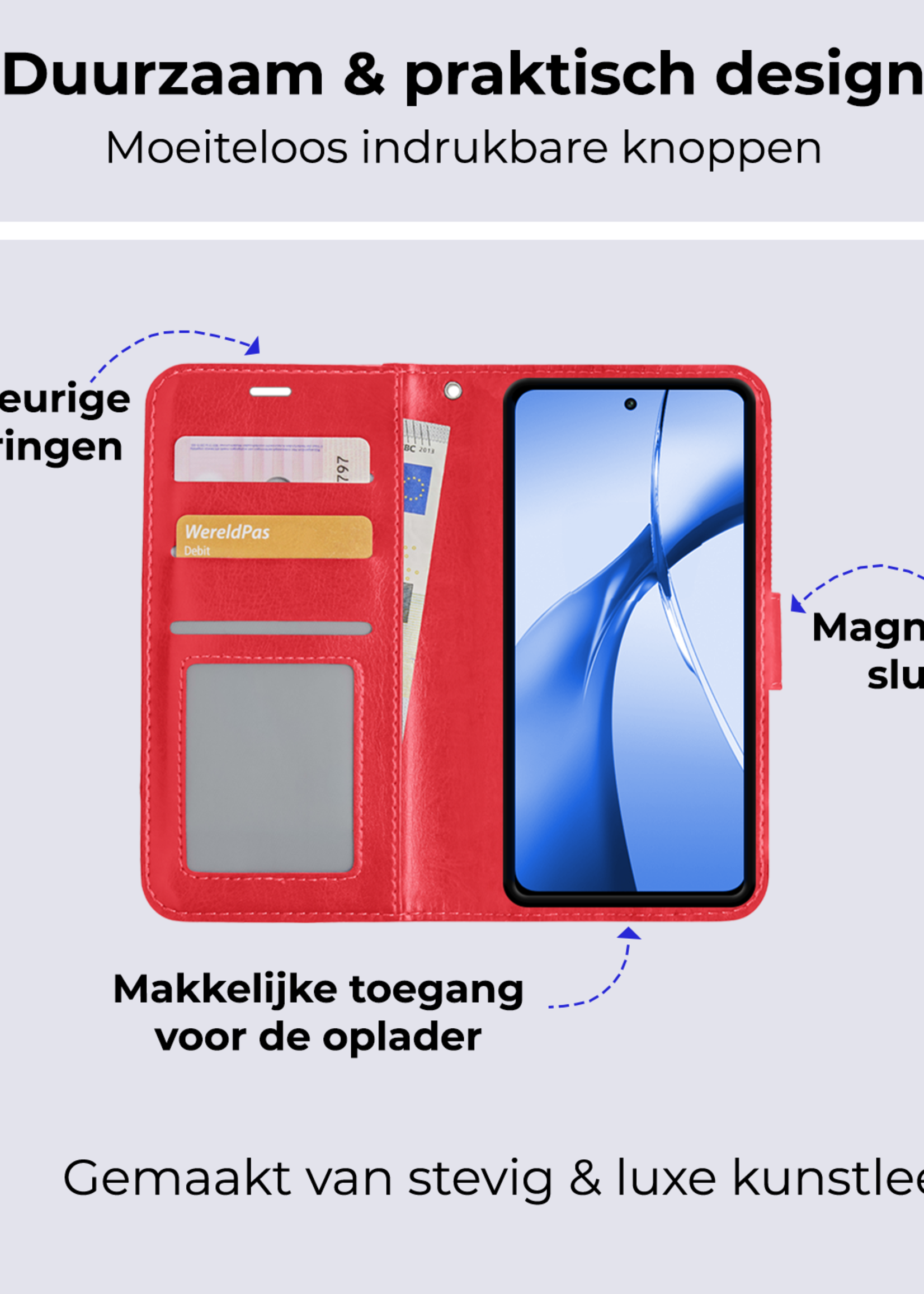 BTH Hoesje Geschikt voor OnePlus Nord CE4 Hoesje Book Case Hoes Portemonnee Cover Walletcase Met 2x Screenprotector - Hoes Geschikt voor OnePlus Nord CE4 Hoes Bookcase Hoesje - Rood