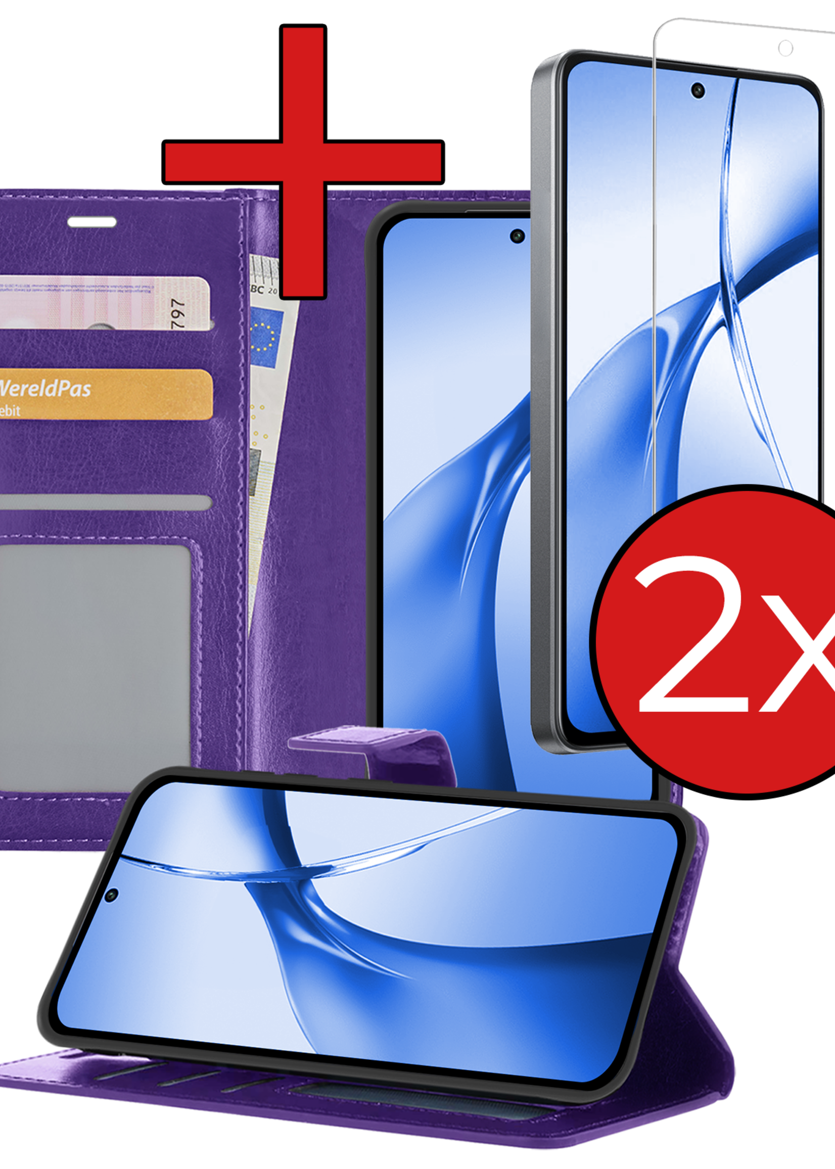BTH Hoesje Geschikt voor OnePlus Nord CE4 Hoesje Book Case Hoes Portemonnee Cover Walletcase Met 2x Screenprotector - Hoes Geschikt voor OnePlus Nord CE4 Hoes Bookcase Hoesje - Paars