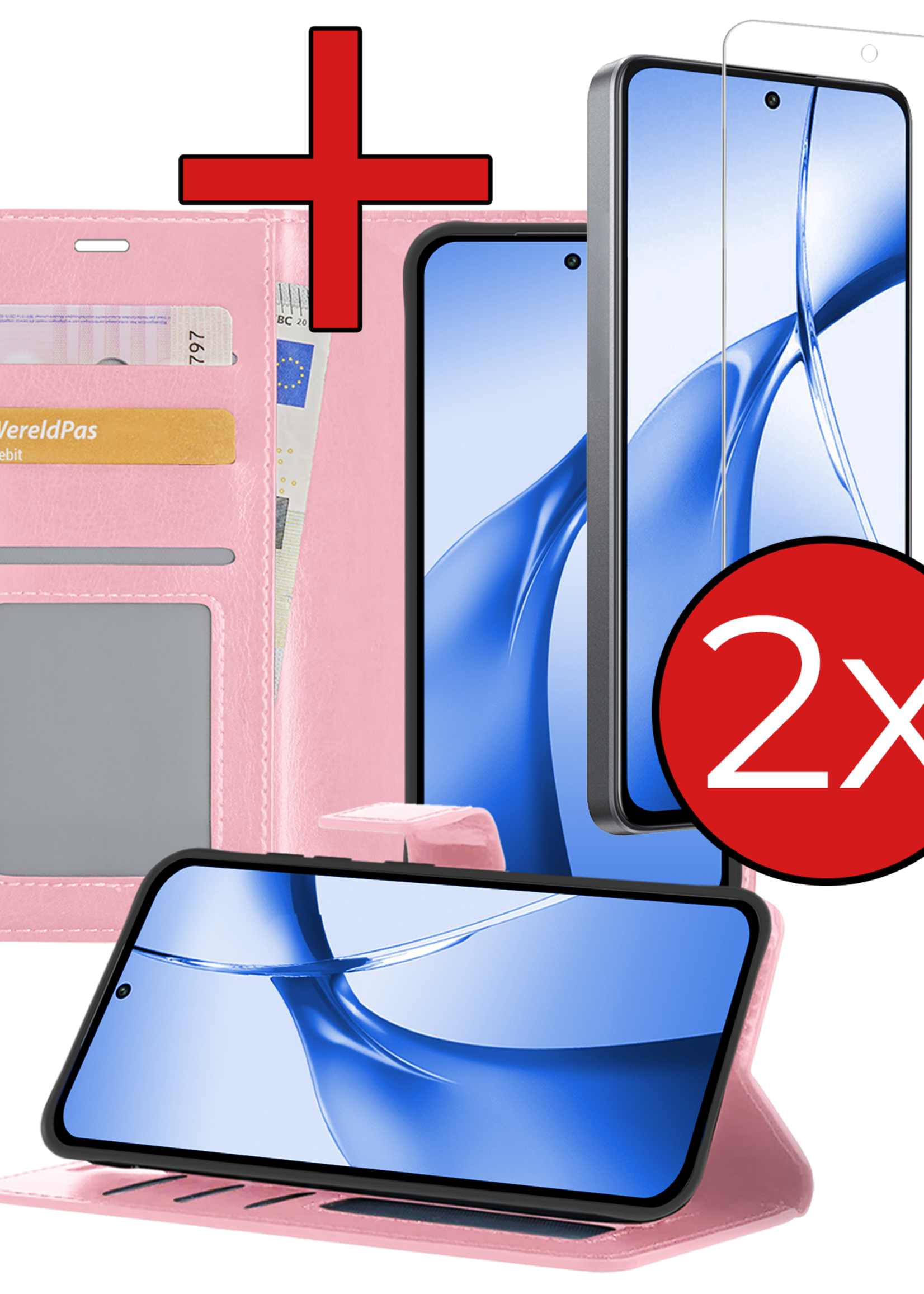 BTH Hoesje Geschikt voor OnePlus Nord CE4 Hoesje Book Case Hoes Portemonnee Cover Walletcase Met 2x Screenprotector - Hoes Geschikt voor OnePlus Nord CE4 Hoes Bookcase Hoesje - Lichtroze