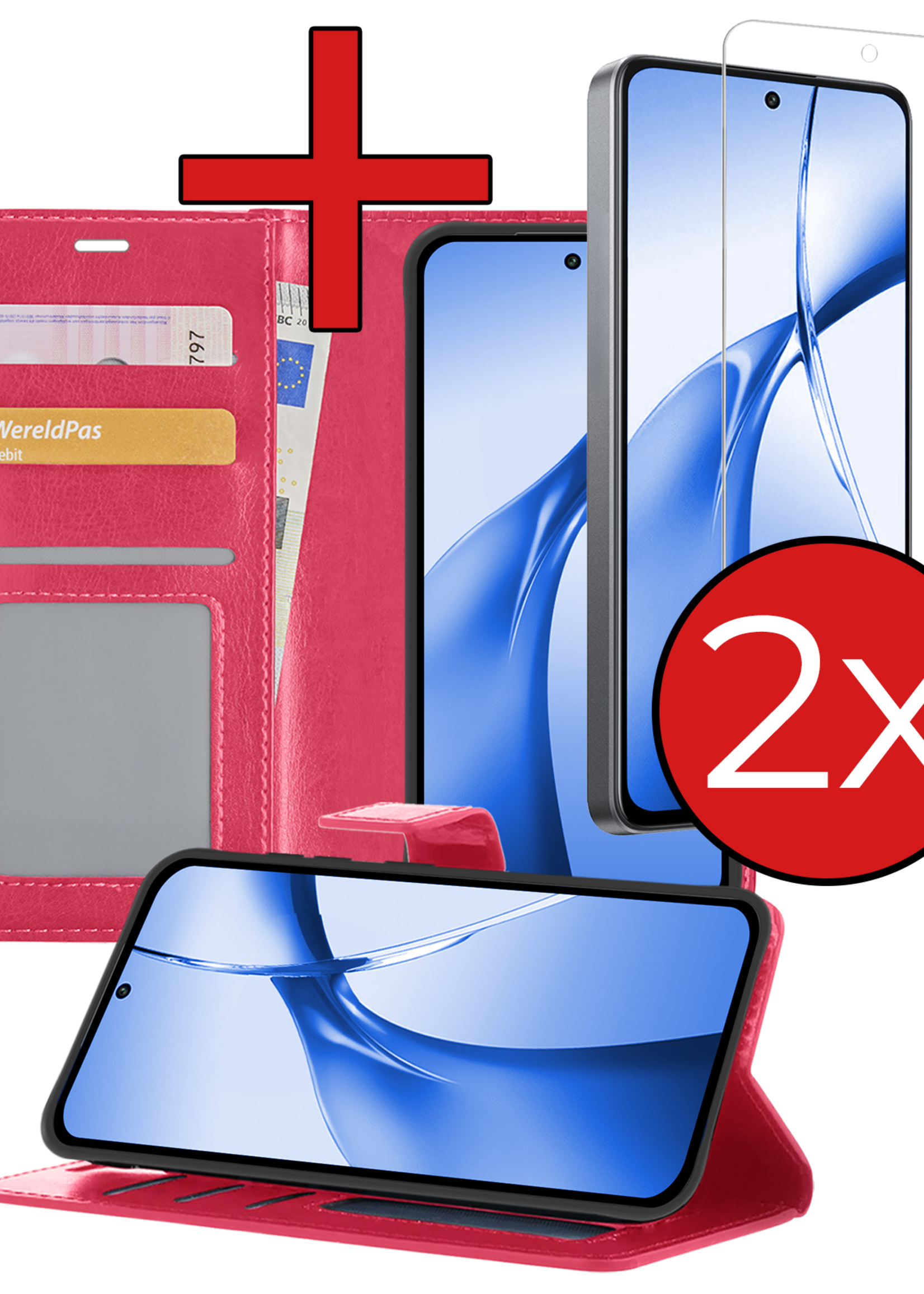 BTH Hoesje Geschikt voor OnePlus Nord CE4 Hoesje Book Case Hoes Portemonnee Cover Walletcase Met 2x Screenprotector - Hoes Geschikt voor OnePlus Nord CE4 Hoes Bookcase Hoesje - Donkerroze