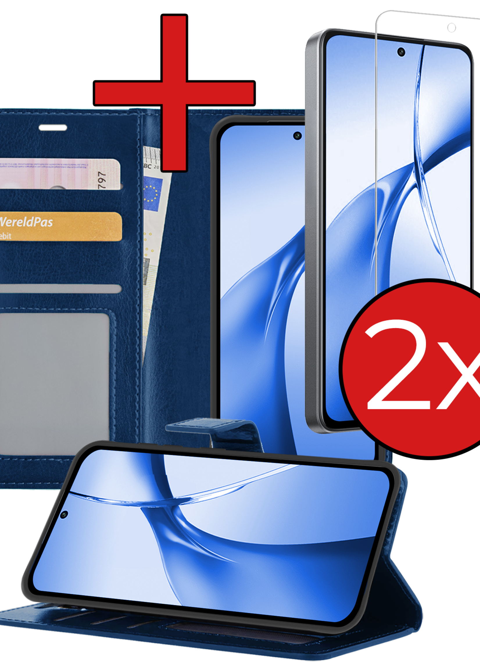 BTH Hoesje Geschikt voor OnePlus Nord CE4 Hoesje Book Case Hoes Portemonnee Cover Walletcase Met 2x Screenprotector - Hoes Geschikt voor OnePlus Nord CE4 Hoes Bookcase Hoesje - Donkerblauw