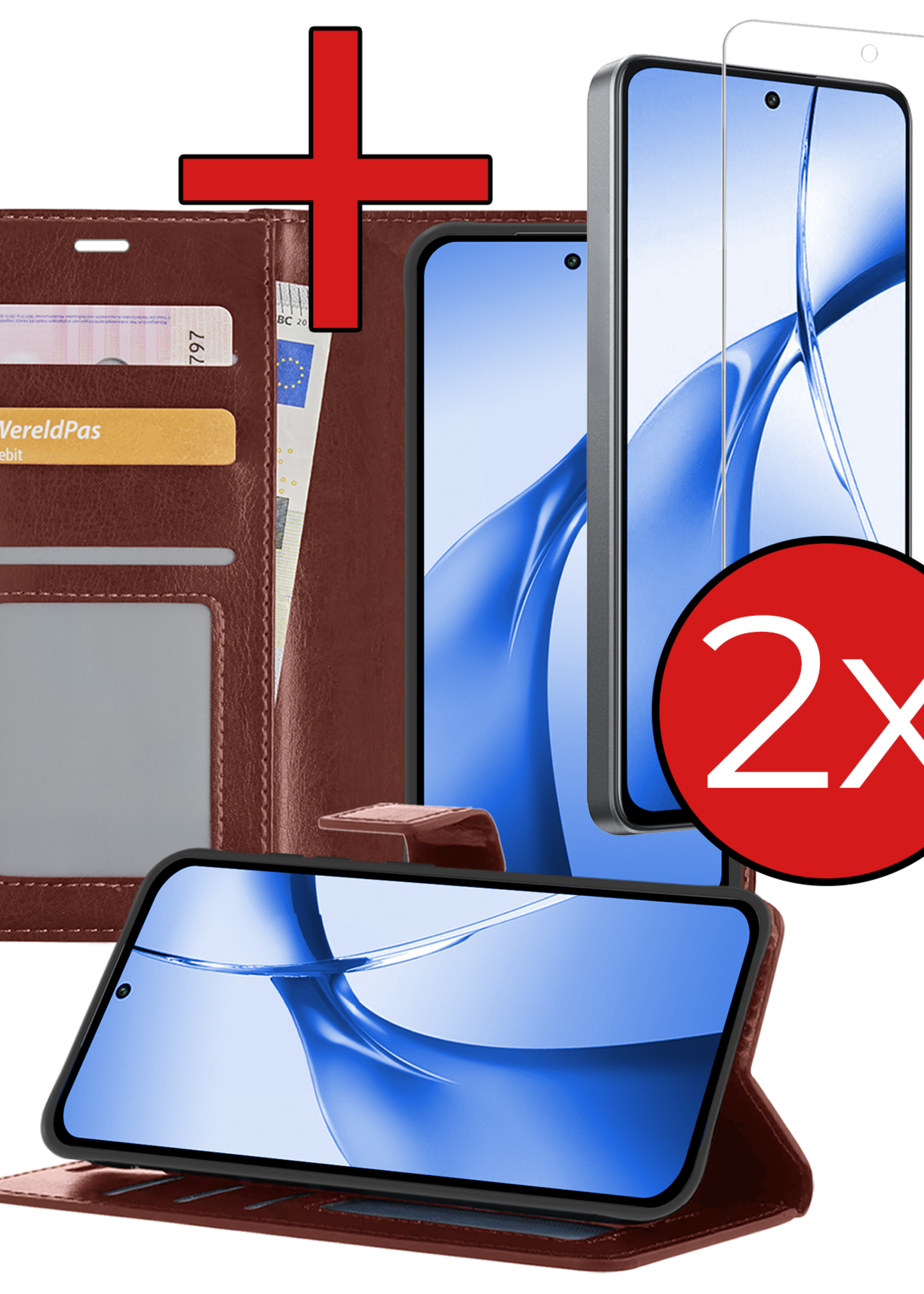 BTH Hoesje Geschikt voor OnePlus Nord CE4 Hoesje Book Case Hoes Portemonnee Cover Walletcase Met 2x Screenprotector - Hoes Geschikt voor OnePlus Nord CE4 Hoes Bookcase Hoesje - Bruin