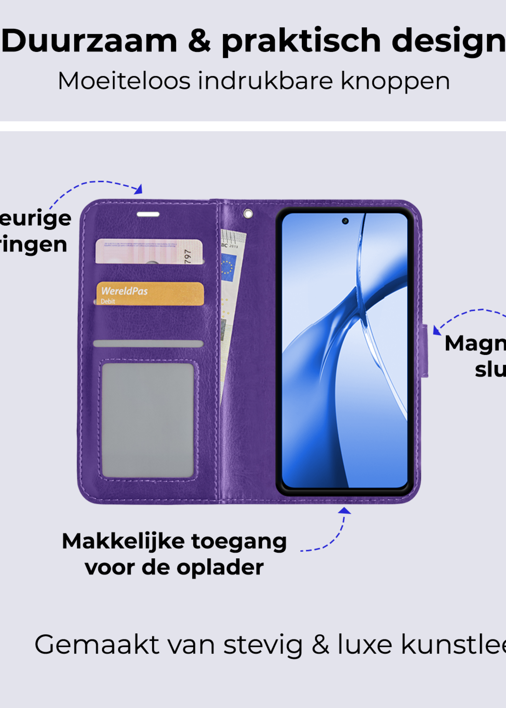 BTH Hoesje Geschikt voor OnePlus Nord CE4 Hoesje Book Case Hoes Portemonnee Cover Walletcase Met Screenprotector - Hoes Geschikt voor OnePlus Nord CE4 Hoes Bookcase Hoesje - Paars