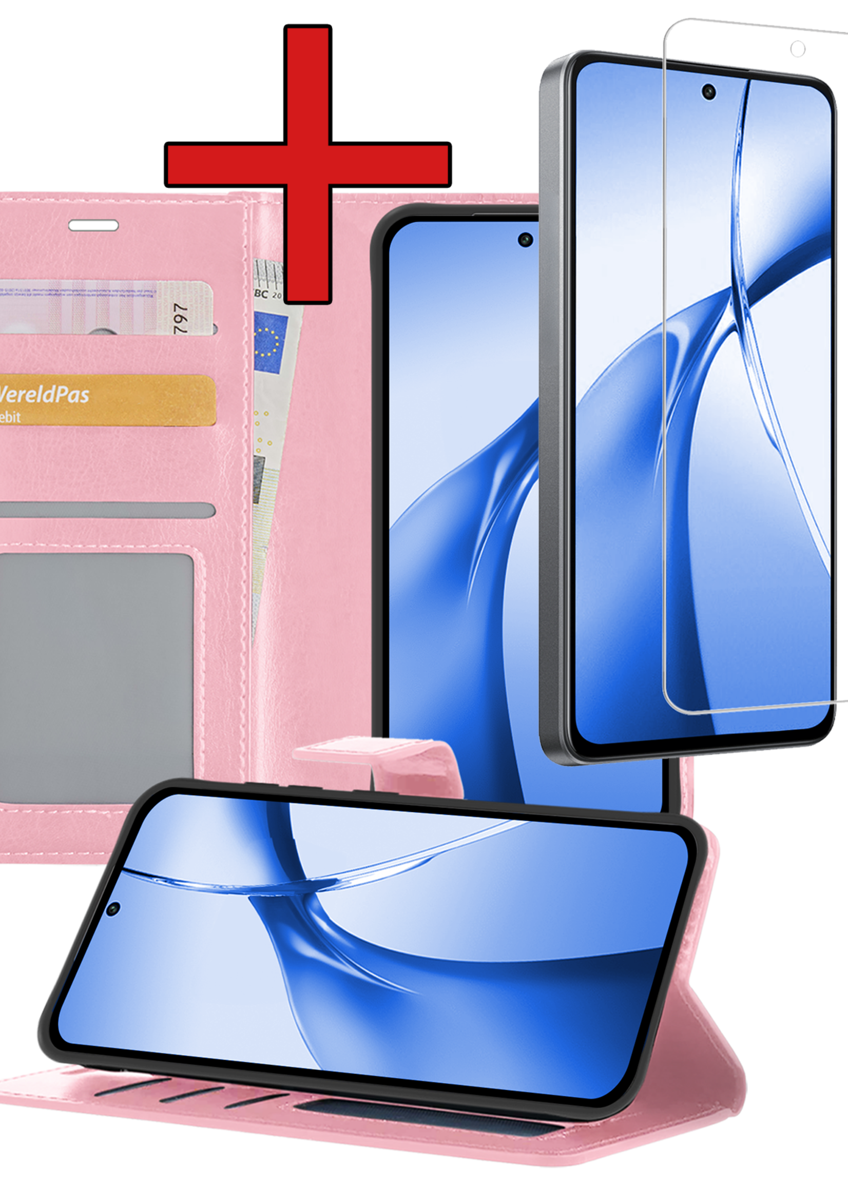 BTH Hoesje Geschikt voor OnePlus Nord CE4 Hoesje Book Case Hoes Portemonnee Cover Walletcase Met Screenprotector - Hoes Geschikt voor OnePlus Nord CE4 Hoes Bookcase Hoesje - Lichtroze