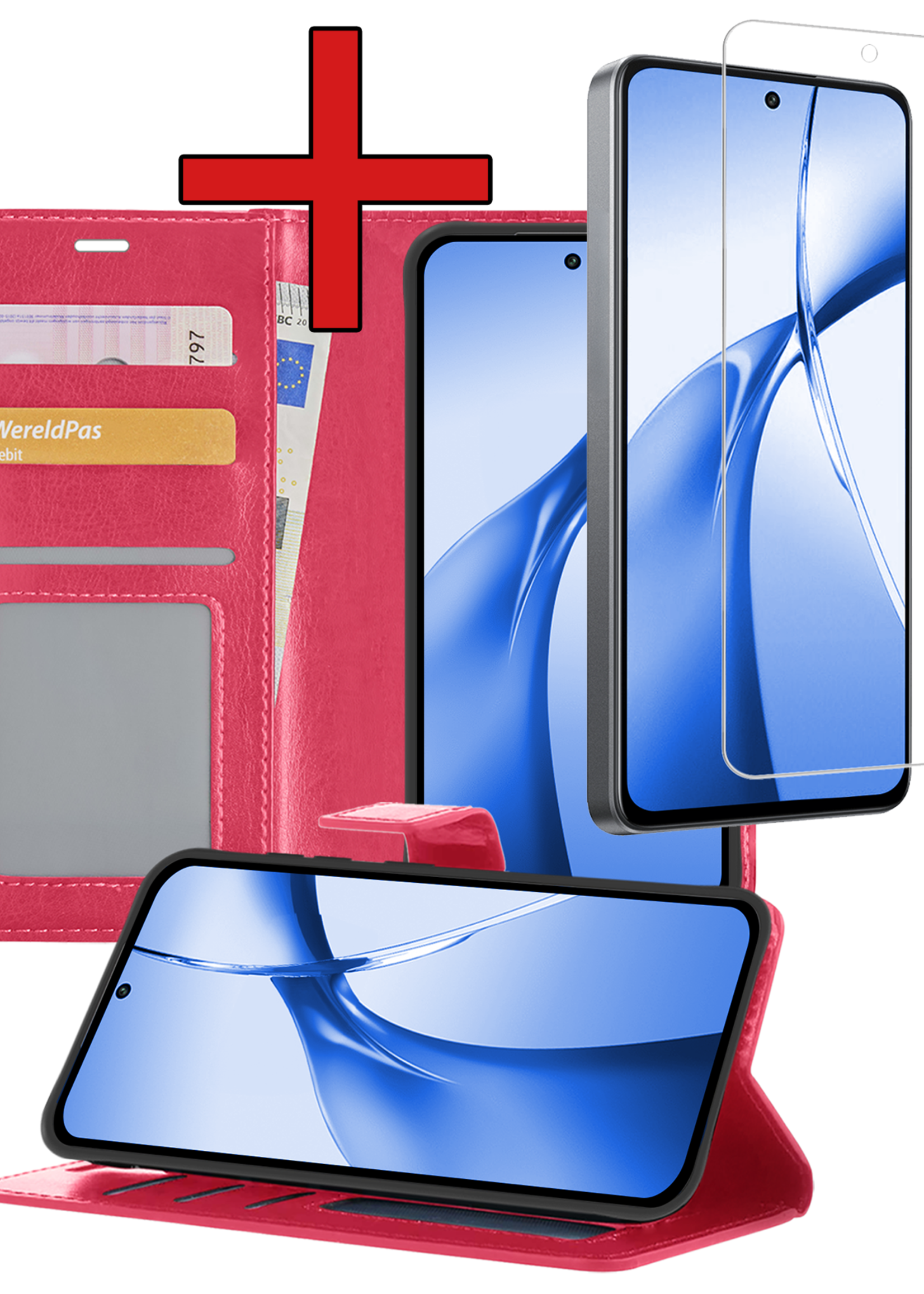 BTH Hoesje Geschikt voor OnePlus Nord CE4 Hoesje Book Case Hoes Portemonnee Cover Walletcase Met Screenprotector - Hoes Geschikt voor OnePlus Nord CE4 Hoes Bookcase Hoesje - Donkerroze