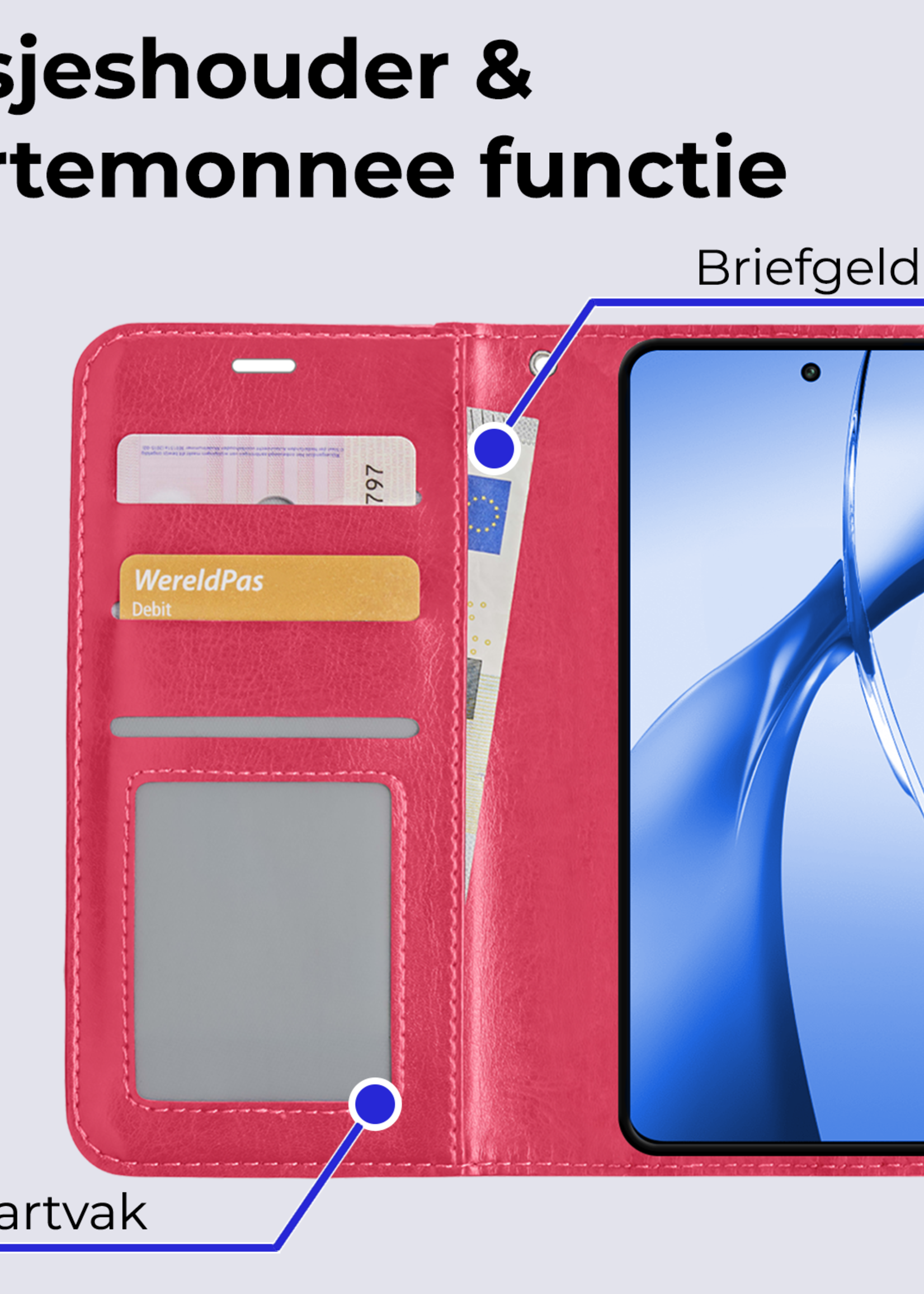 BTH Hoesje Geschikt voor OnePlus Nord CE4 Hoesje Book Case Hoes Portemonnee Cover Walletcase Met Screenprotector - Hoes Geschikt voor OnePlus Nord CE4 Hoes Bookcase Hoesje - Donkerroze