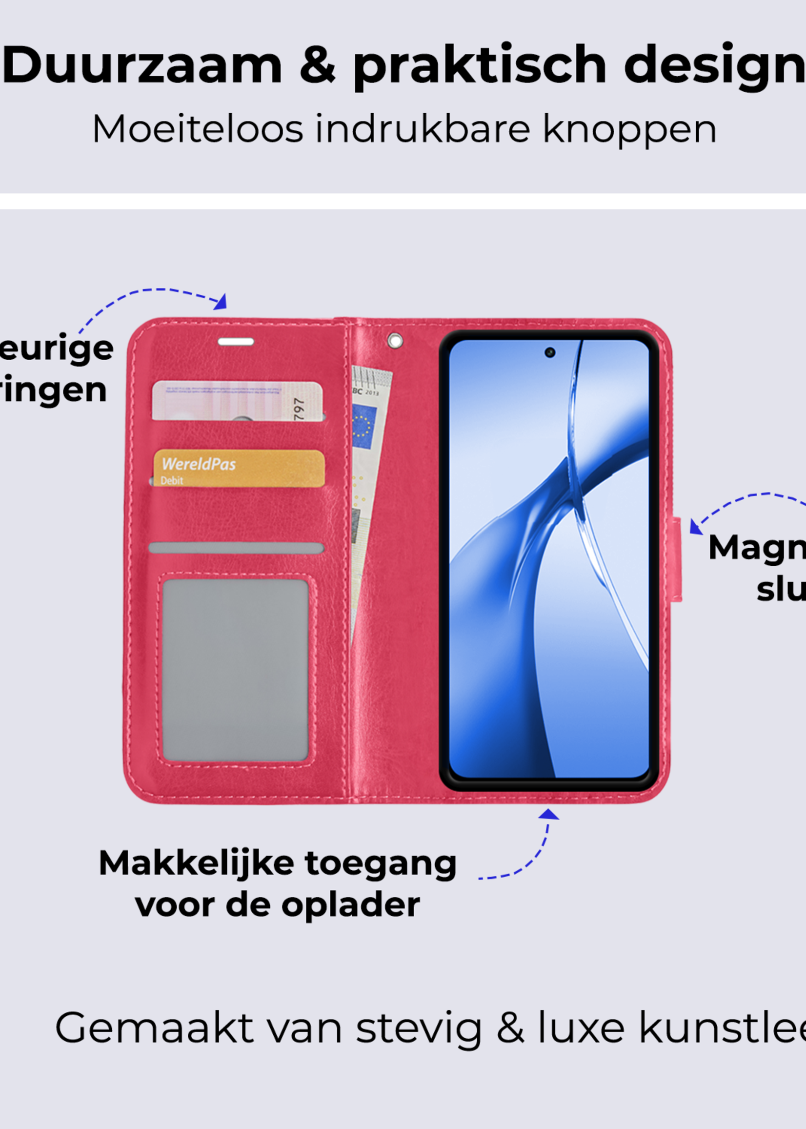 BTH Hoesje Geschikt voor OnePlus Nord CE4 Hoesje Book Case Hoes Portemonnee Cover Walletcase Met Screenprotector - Hoes Geschikt voor OnePlus Nord CE4 Hoes Bookcase Hoesje - Donkerroze