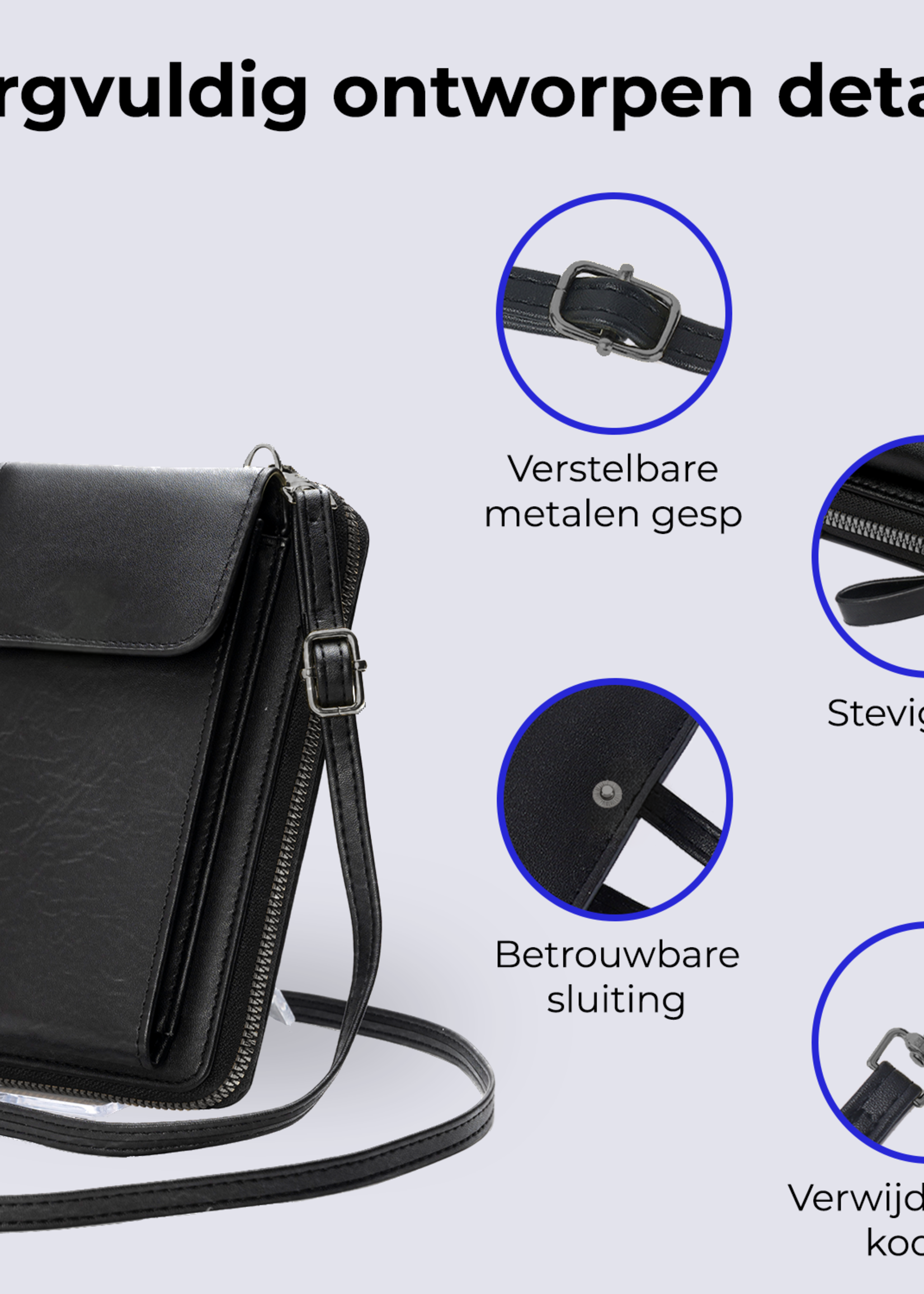 BTH Telefoontasje Met Portemonee Schoudertas Voor Telefoon - Lederen Crossbody Tas Dames - Zwart