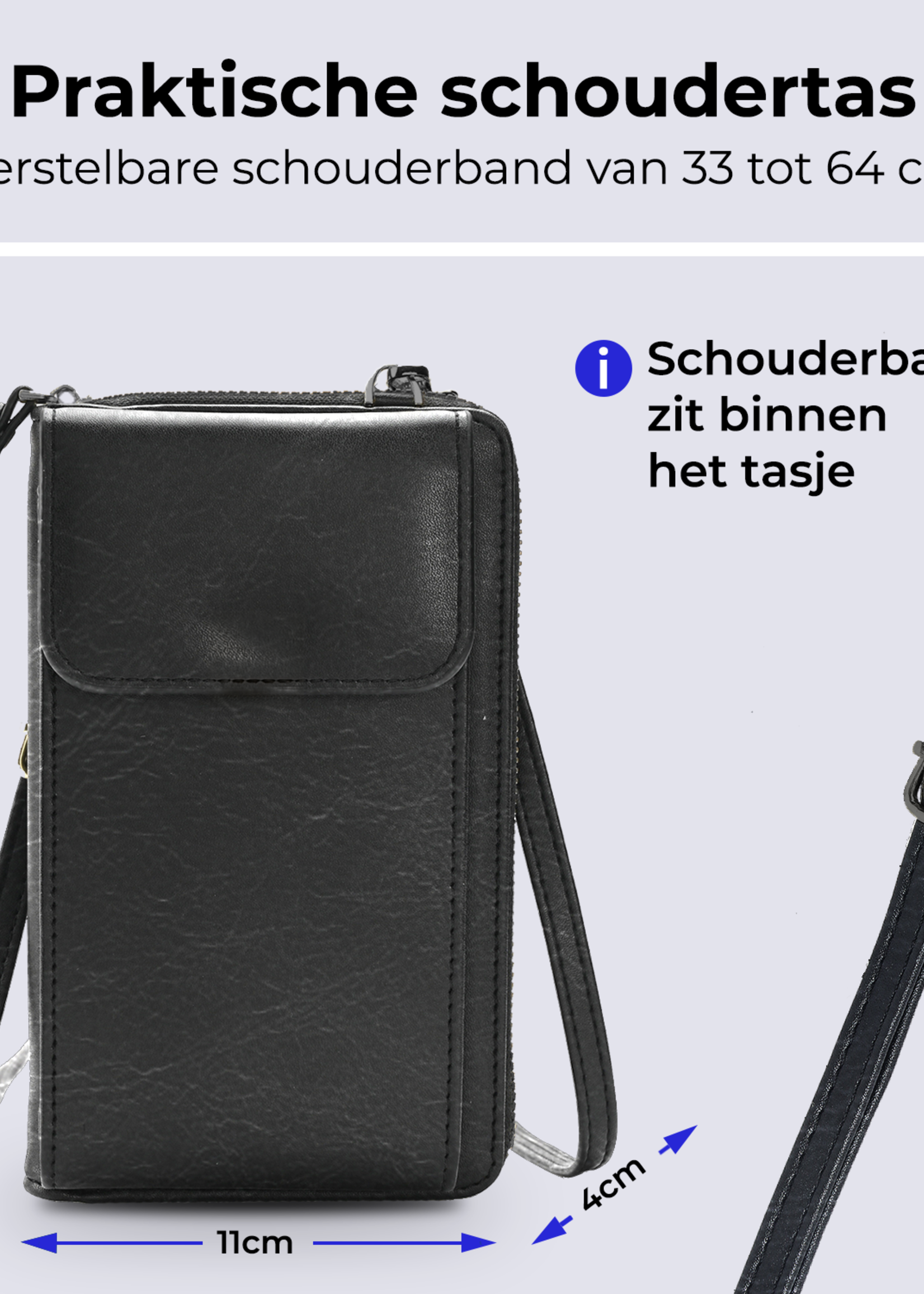 BTH Telefoontasje Met Portemonee Schoudertas Voor Telefoon - Lederen Crossbody Tas Dames - Zwart
