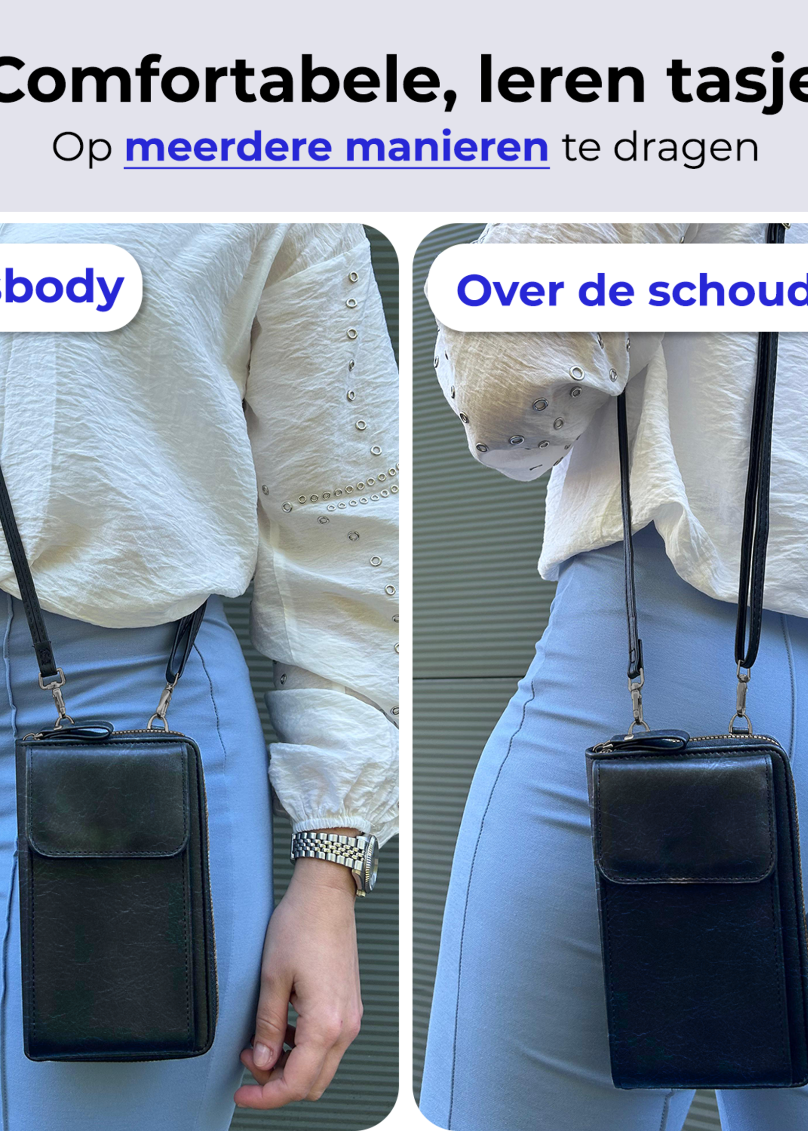 BTH Telefoontasje Met Portemonee Schoudertas Voor Telefoon - Lederen Crossbody Tas Dames - Zwart