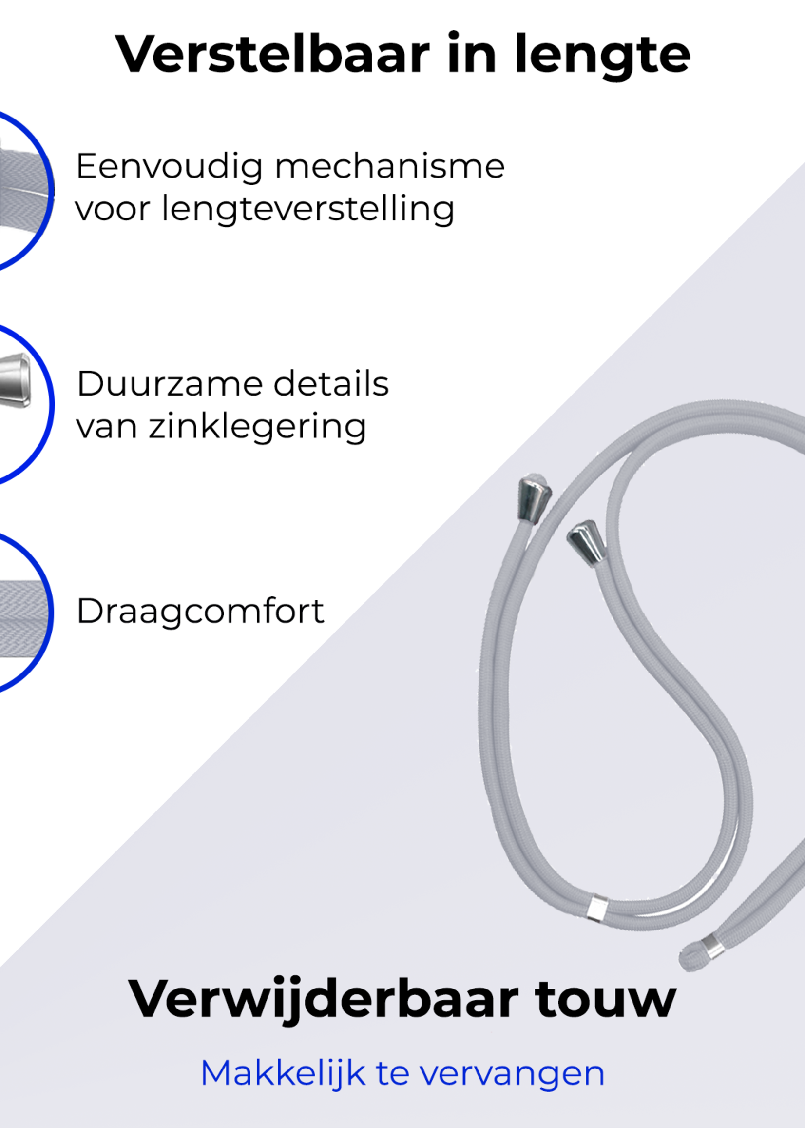 BTH Telefoonkoord Universeel Verstelbaar Telefoon Koord Telefoonkoorden Telefoonketting - 150 cm - Lichtgrijs