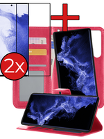 BTH BTH Samsung Galaxy S22 Ultra Hoesje Bookcase Uitneembaar Met 2x Screenprotector - Donkerroze