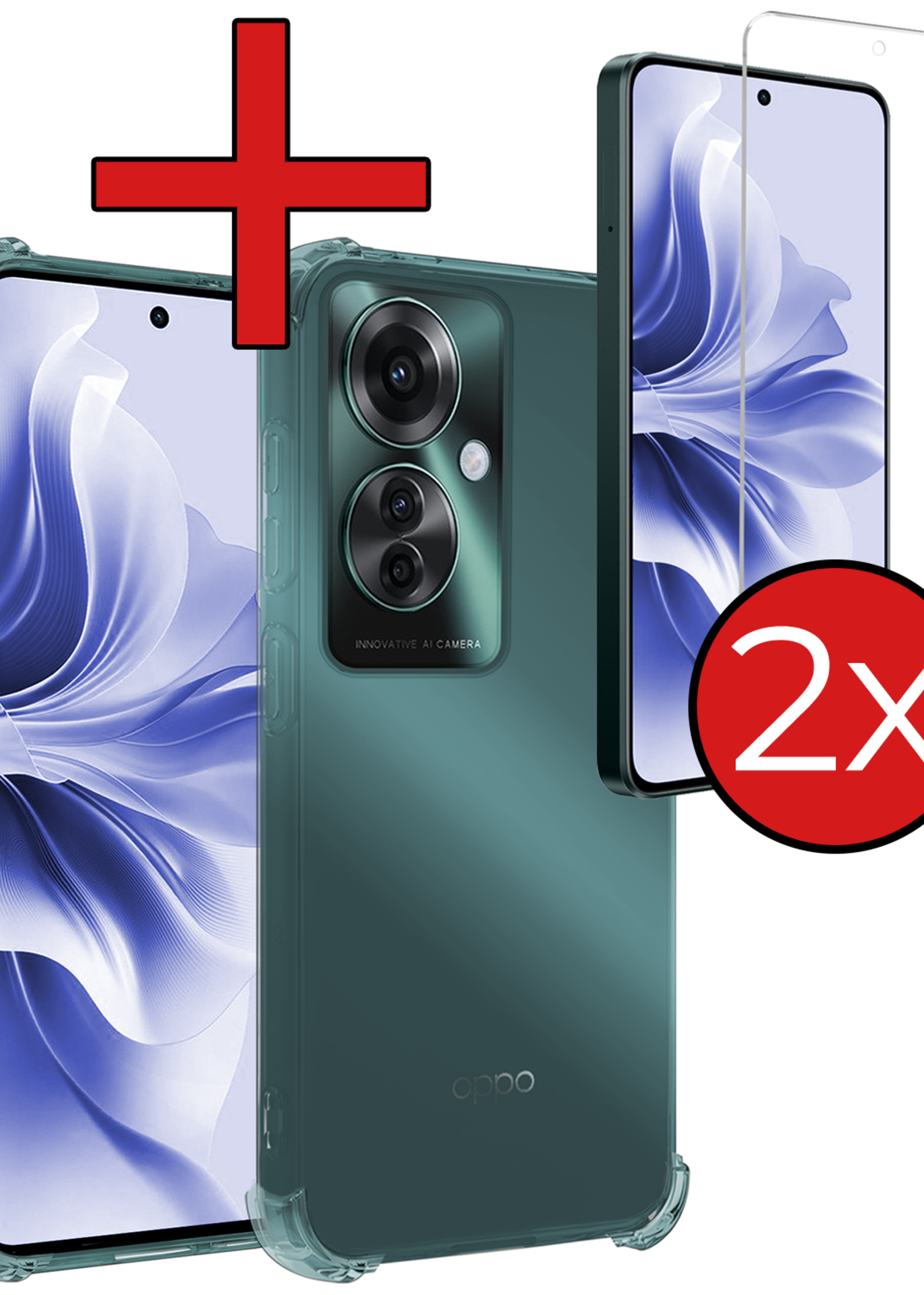 BTH Hoesje Geschikt voor Oppo Reno11 F Hoesje Siliconen Shock Proof Case Hoes Met 2x Screenprotector - Hoes Geschikt voor Oppo Reno11 F Hoes Cover Case Shockproof - Transparant