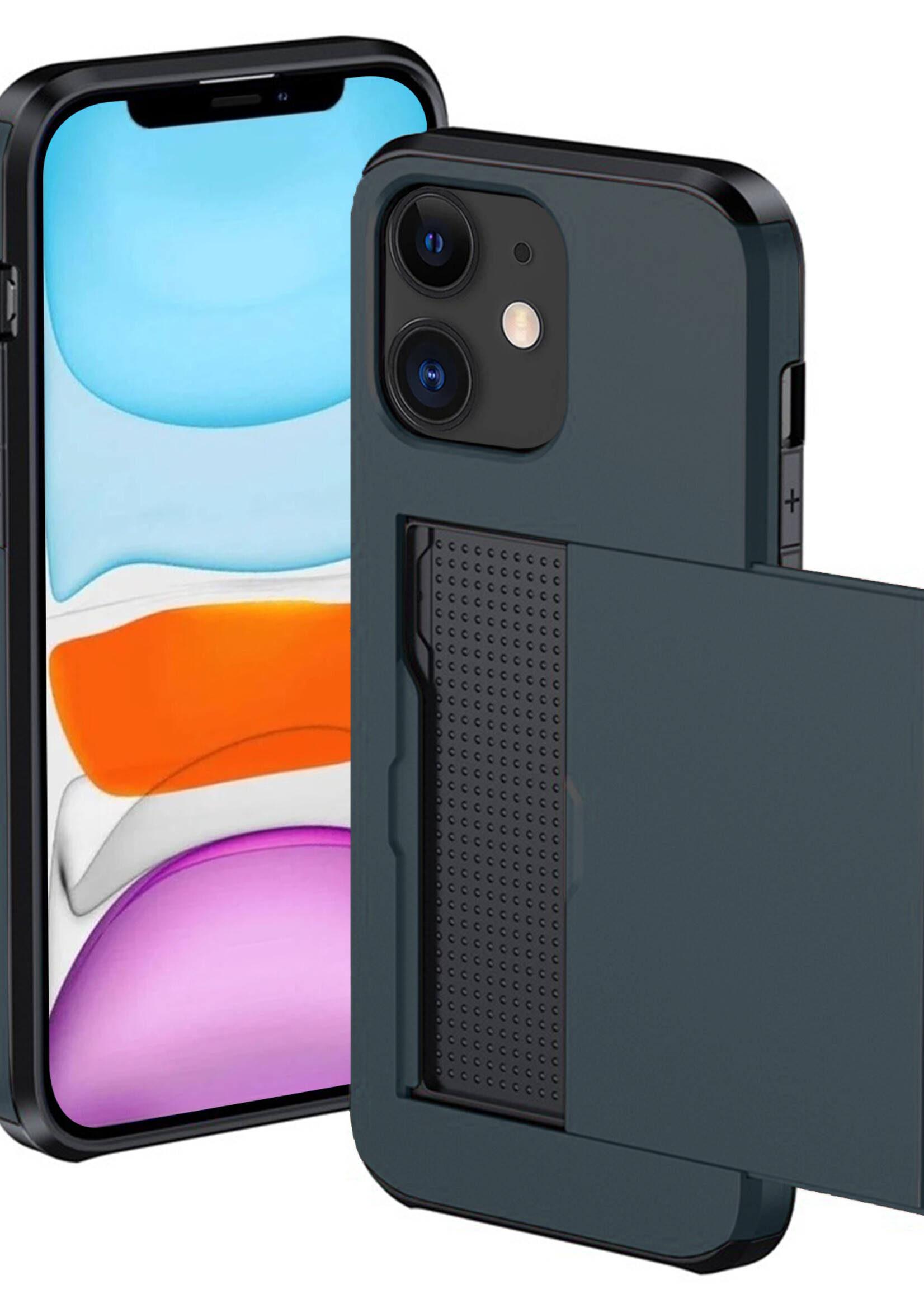 BTH Hoesje Geschikt voor iPhone 11 Hoesje Met Pasjeshouder Hard Case Met Kaarthouder - Hoes Geschikt voor iPhone 11 Hoesje Shock Proof Case - Donker Blauw