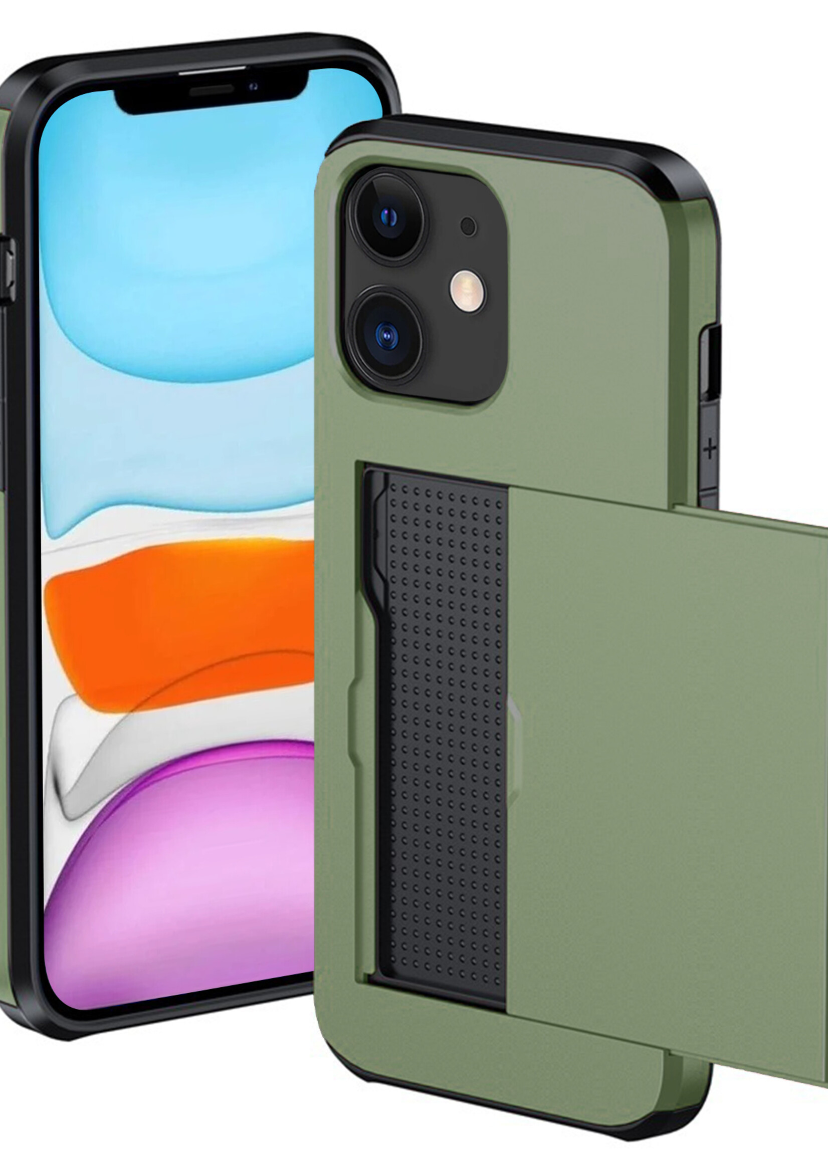 BTH Hoesje Geschikt voor iPhone 11 Hoesje Met Pasjeshouder Hard Case Met Kaarthouder - Hoes Geschikt voor iPhone 11 Hoesje Shock Proof Case - Donker Groen