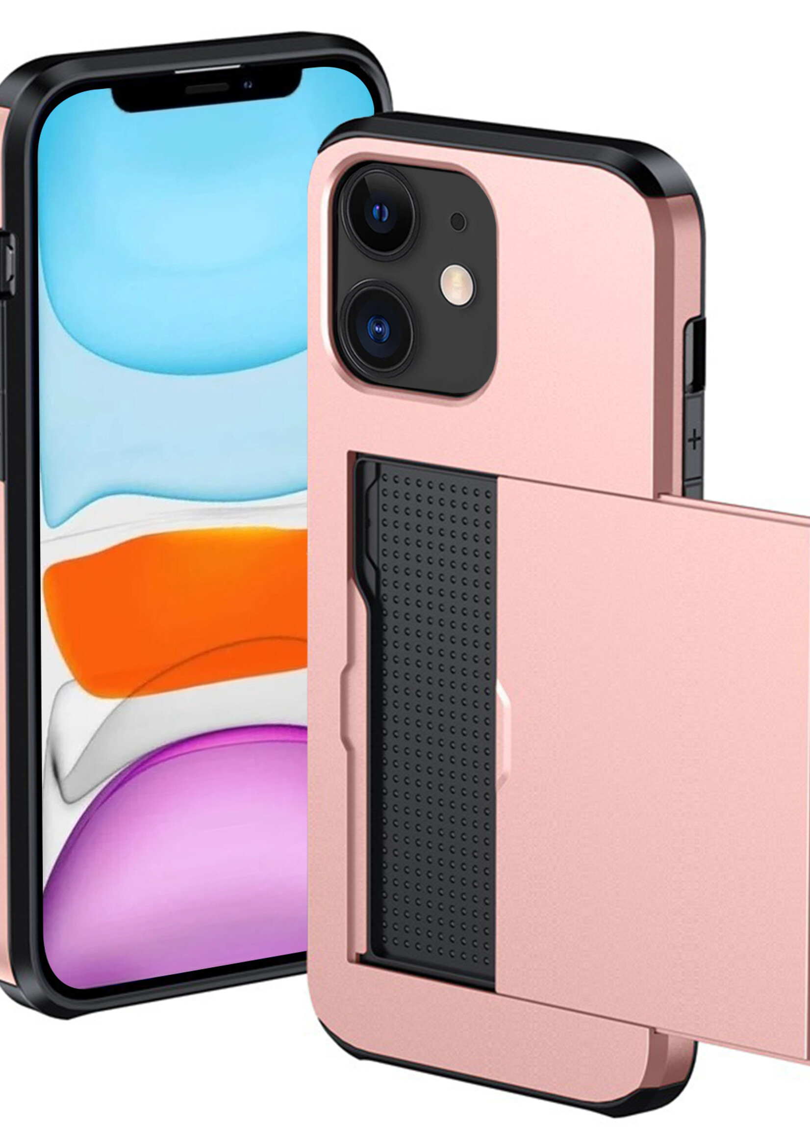 BTH Hoesje Geschikt voor iPhone 11 Hoesje Met Pasjeshouder Hard Case Met Kaarthouder - Hoes Geschikt voor iPhone 11 Hoesje Shock Proof Case - Rosé Goud