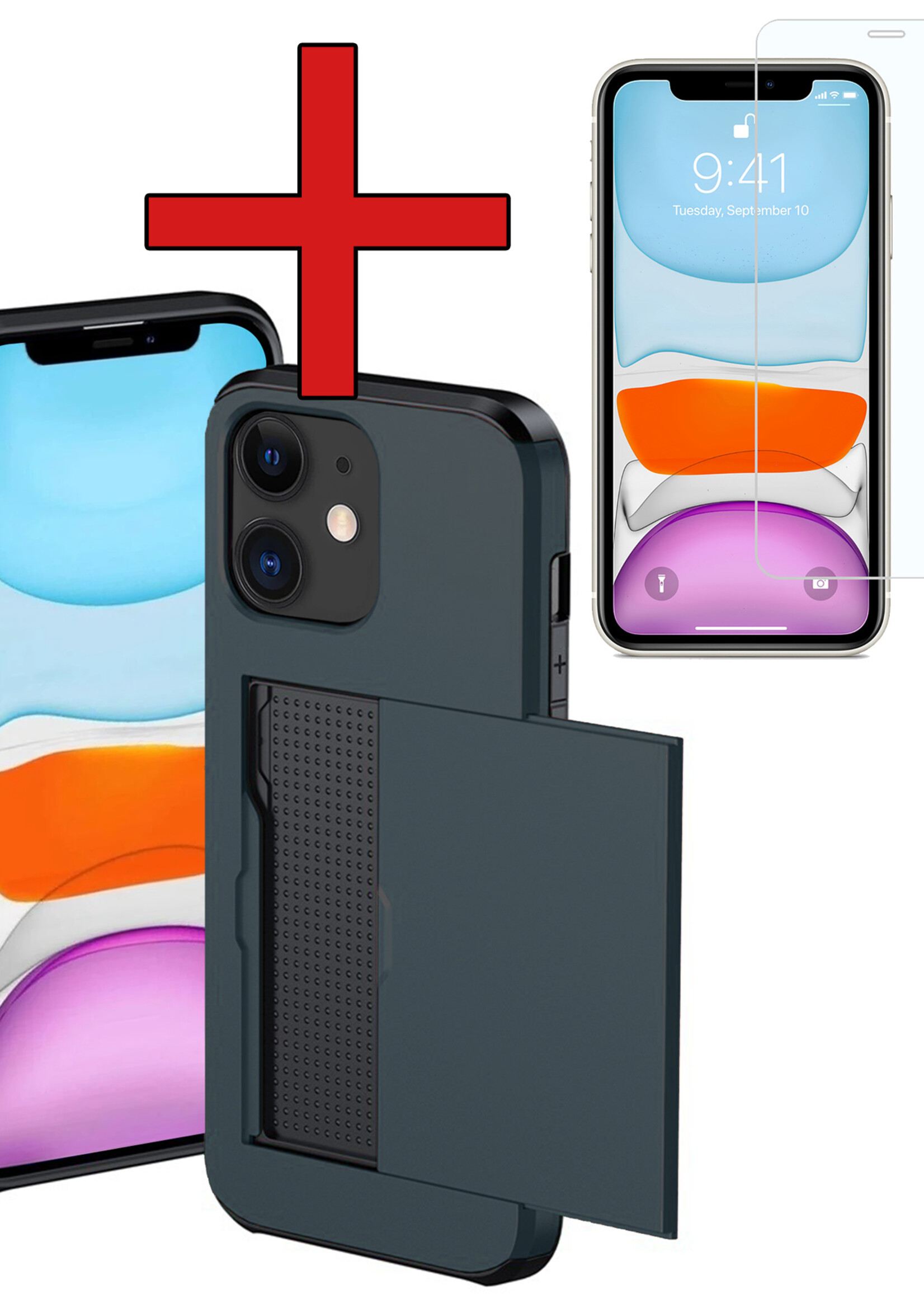 BTH Hoesje Geschikt voor iPhone 11 Hoesje Met Pasjeshouder Hard Case Met Kaarthouder Met Screenprotector - Hoes Geschikt voor iPhone 11 Hoesje Shock Proof Case - Donker Blauw
