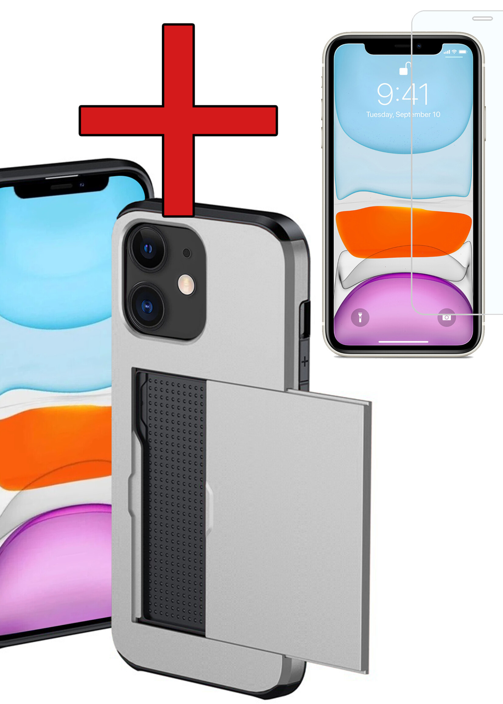 BTH Hoesje Geschikt voor iPhone 11 Hoesje Met Pasjeshouder Hard Case Met Kaarthouder Met Screenprotector - Hoes Geschikt voor iPhone 11 Hoesje Shock Proof Case - Grijs