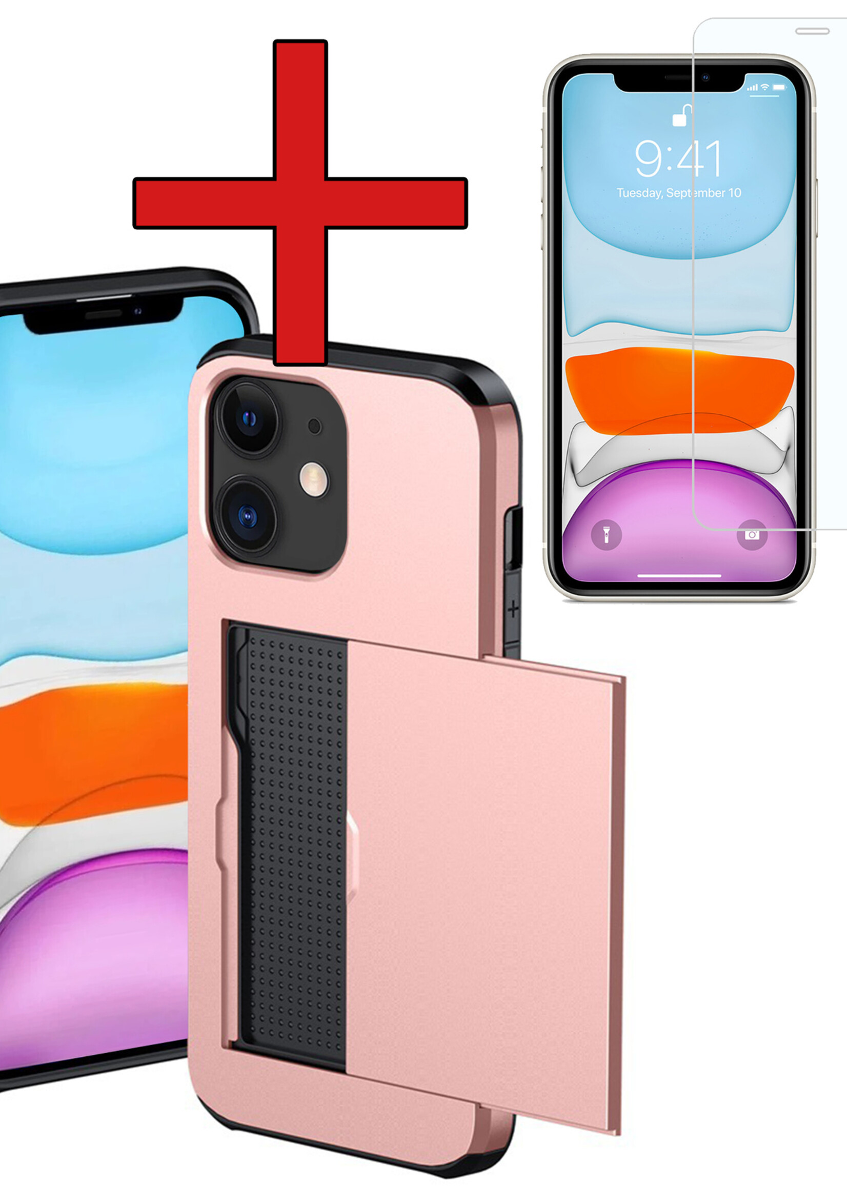 BTH Hoesje Geschikt voor iPhone 11 Hoesje Met Pasjeshouder Hard Case Met Kaarthouder Met Screenprotector - Hoes Geschikt voor iPhone 11 Hoesje Shock Proof Case - Rosé Goud