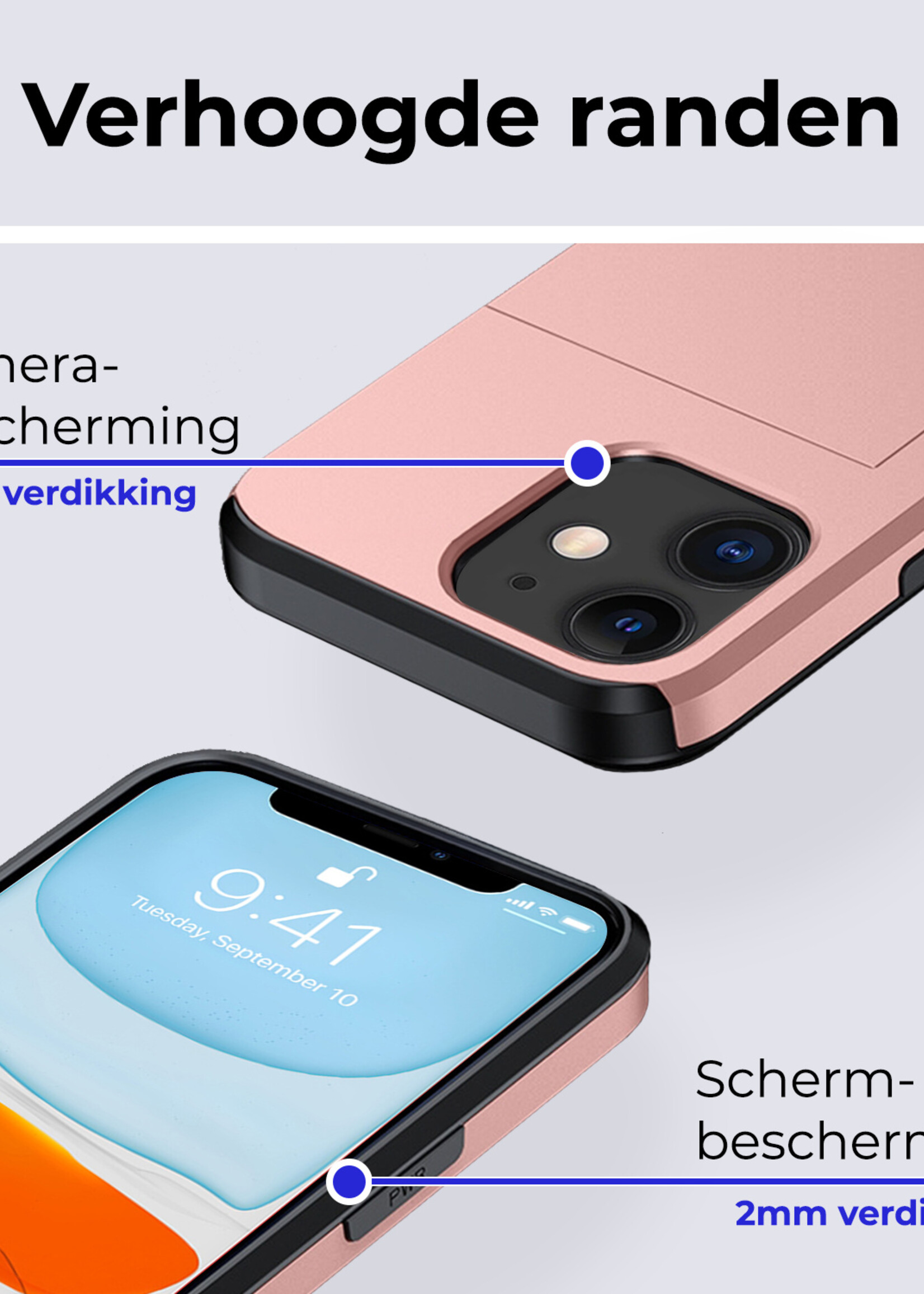 BTH Hoesje Geschikt voor iPhone 11 Hoesje Met Pasjeshouder Hard Case Met Kaarthouder Met Screenprotector - Hoes Geschikt voor iPhone 11 Hoesje Shock Proof Case - Rosé Goud