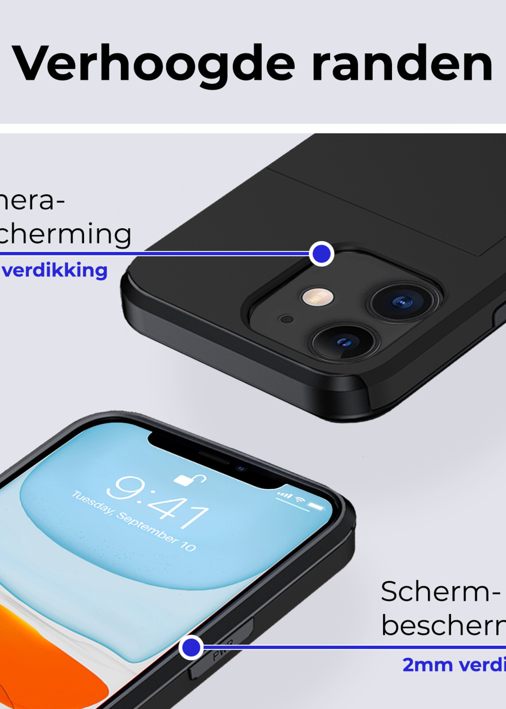 BTH Hoesje Geschikt voor iPhone 11 Hoesje Met Pasjeshouder Hard Case Met Kaarthouder Met Screenprotector - Hoes Geschikt voor iPhone 11 Hoesje Shock Proof Case - Zwart