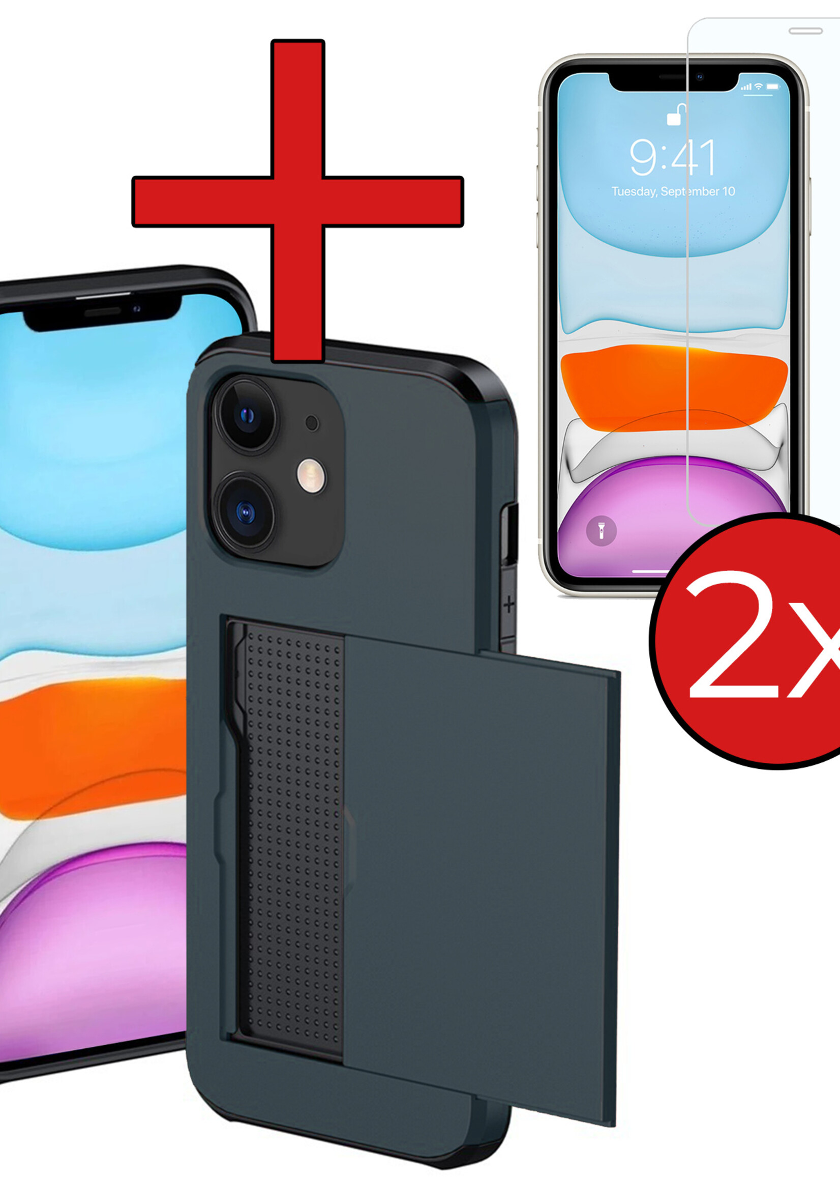 BTH Hoesje Geschikt voor iPhone 11 Hoesje Met Pasjeshouder Hard Case Met Kaarthouder Met 2x Screenprotector - Hoes Geschikt voor iPhone 11 Hoesje Shock Proof Case - Donker Blauw