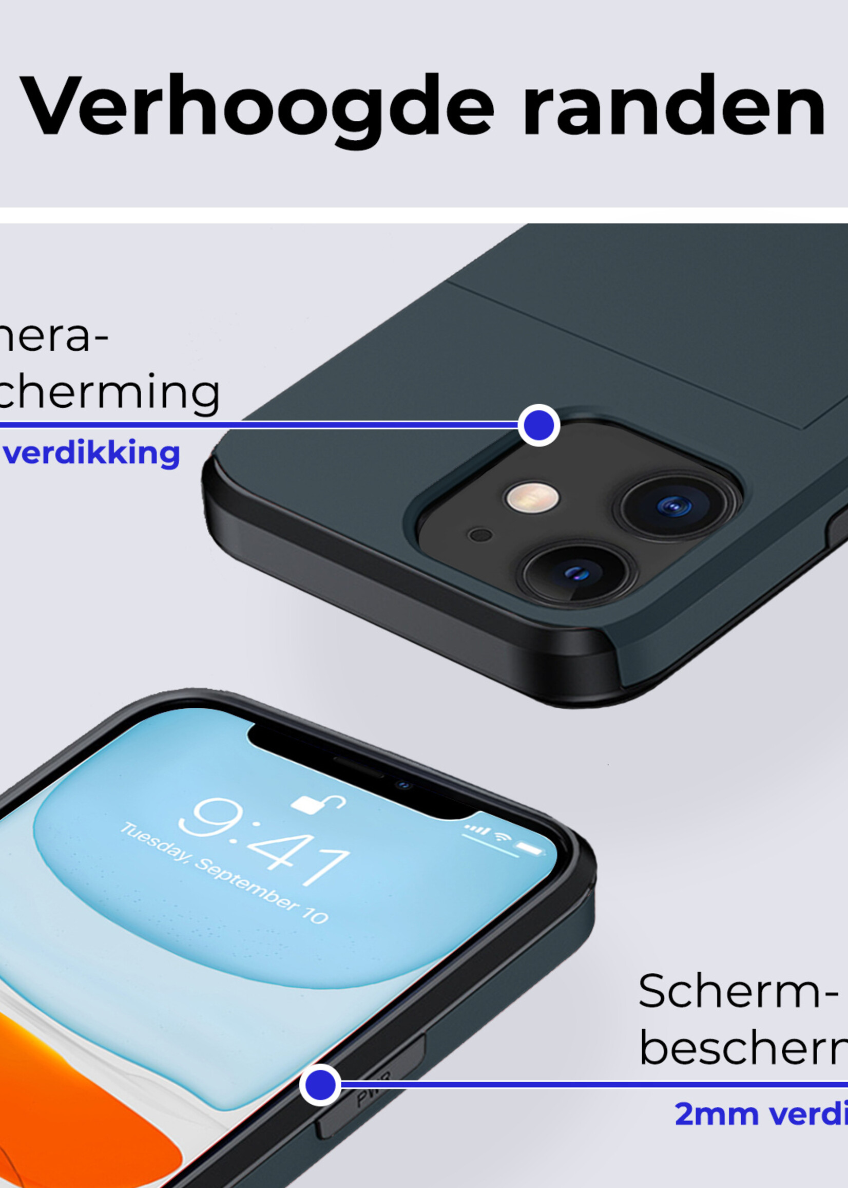 BTH Hoesje Geschikt voor iPhone 11 Hoesje Met Pasjeshouder Hard Case Met Kaarthouder Met 2x Screenprotector - Hoes Geschikt voor iPhone 11 Hoesje Shock Proof Case - Donker Blauw