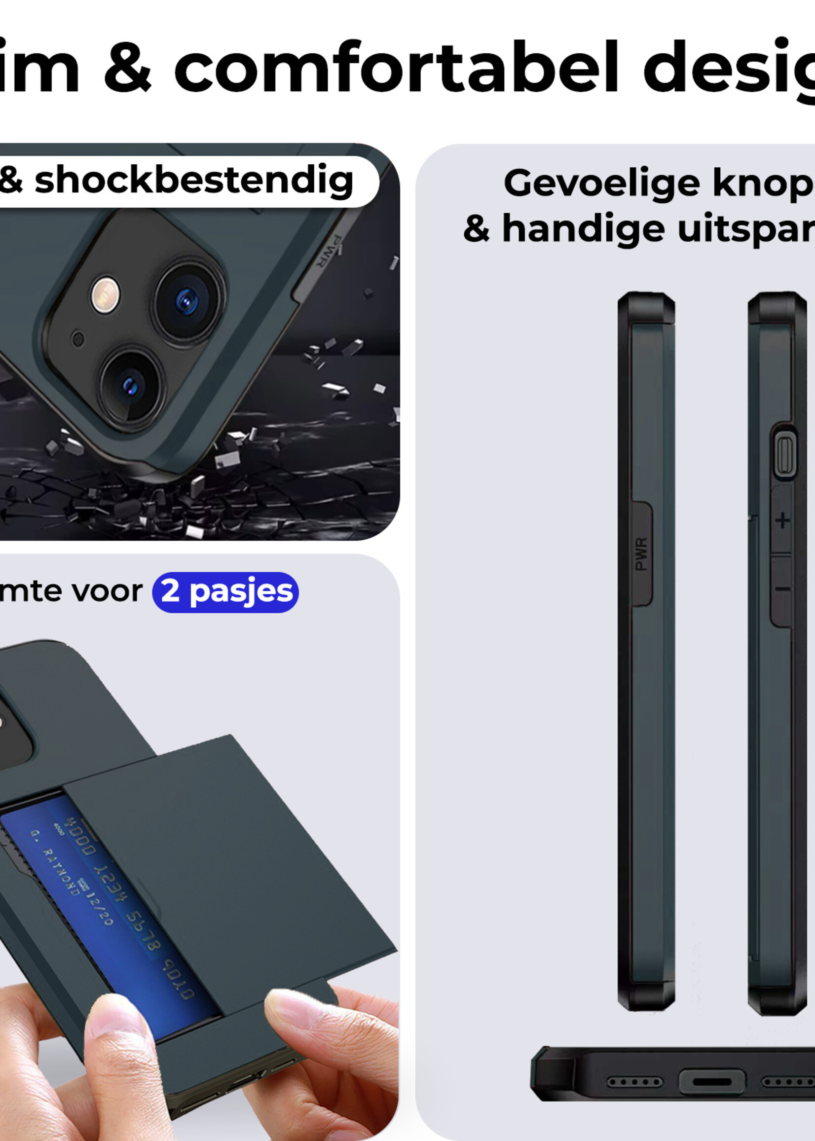BTH Hoesje Geschikt voor iPhone 11 Hoesje Met Pasjeshouder Hard Case Met Kaarthouder Met 2x Screenprotector - Hoes Geschikt voor iPhone 11 Hoesje Shock Proof Case - Donker Blauw