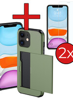 BTH BTH iPhone 11 Hoesje Pashouder Hard Met 2x Screenprotector - Donker Groen