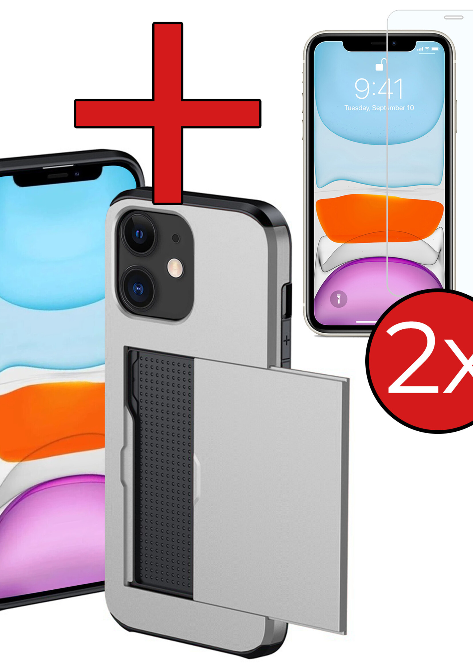 BTH Hoesje Geschikt voor iPhone 11 Hoesje Met Pasjeshouder Hard Case Met Kaarthouder Met 2x Screenprotector - Hoes Geschikt voor iPhone 11 Hoesje Shock Proof Case - Grijs