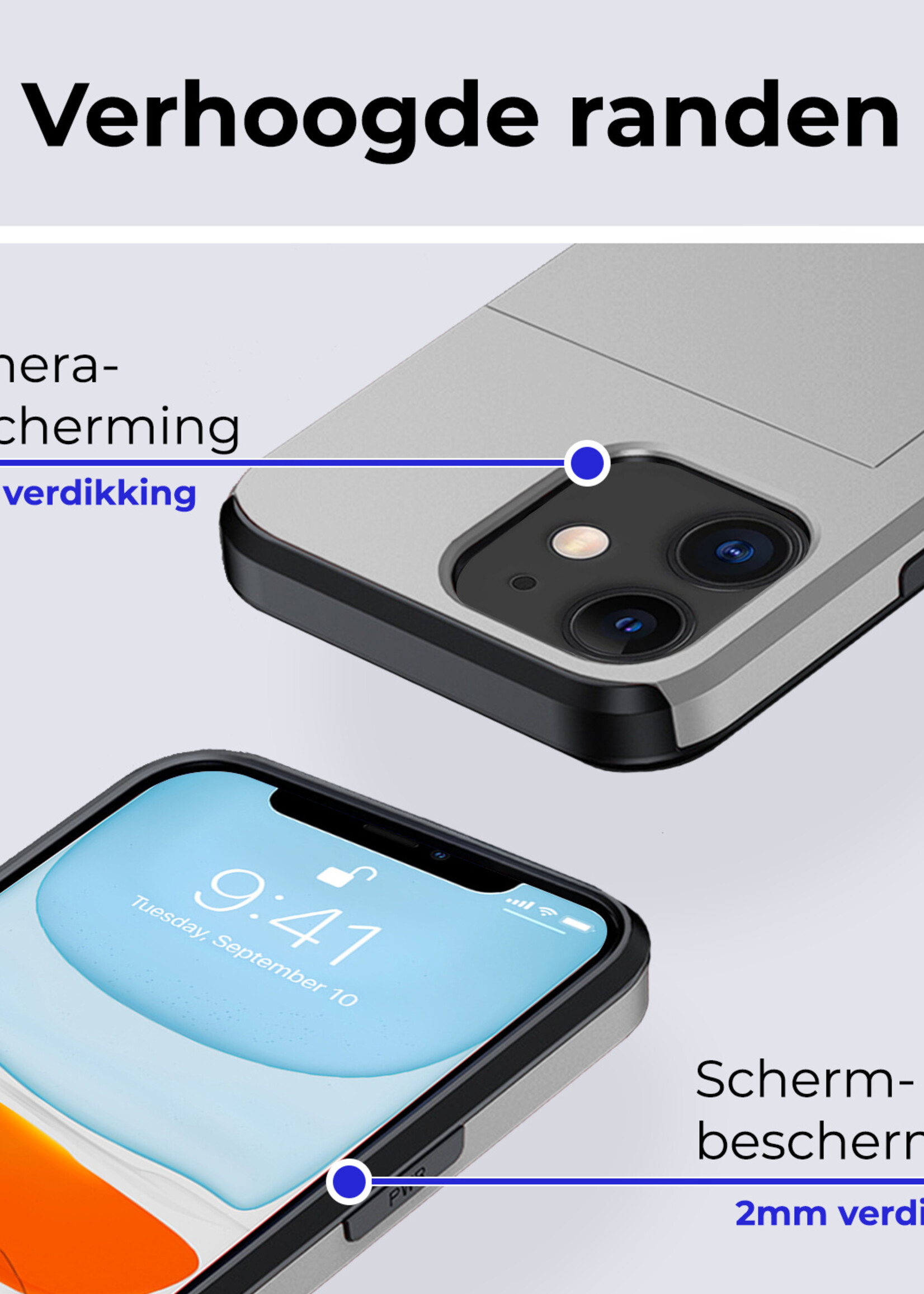 BTH Hoesje Geschikt voor iPhone 11 Hoesje Met Pasjeshouder Hard Case Met Kaarthouder Met 2x Screenprotector - Hoes Geschikt voor iPhone 11 Hoesje Shock Proof Case - Grijs