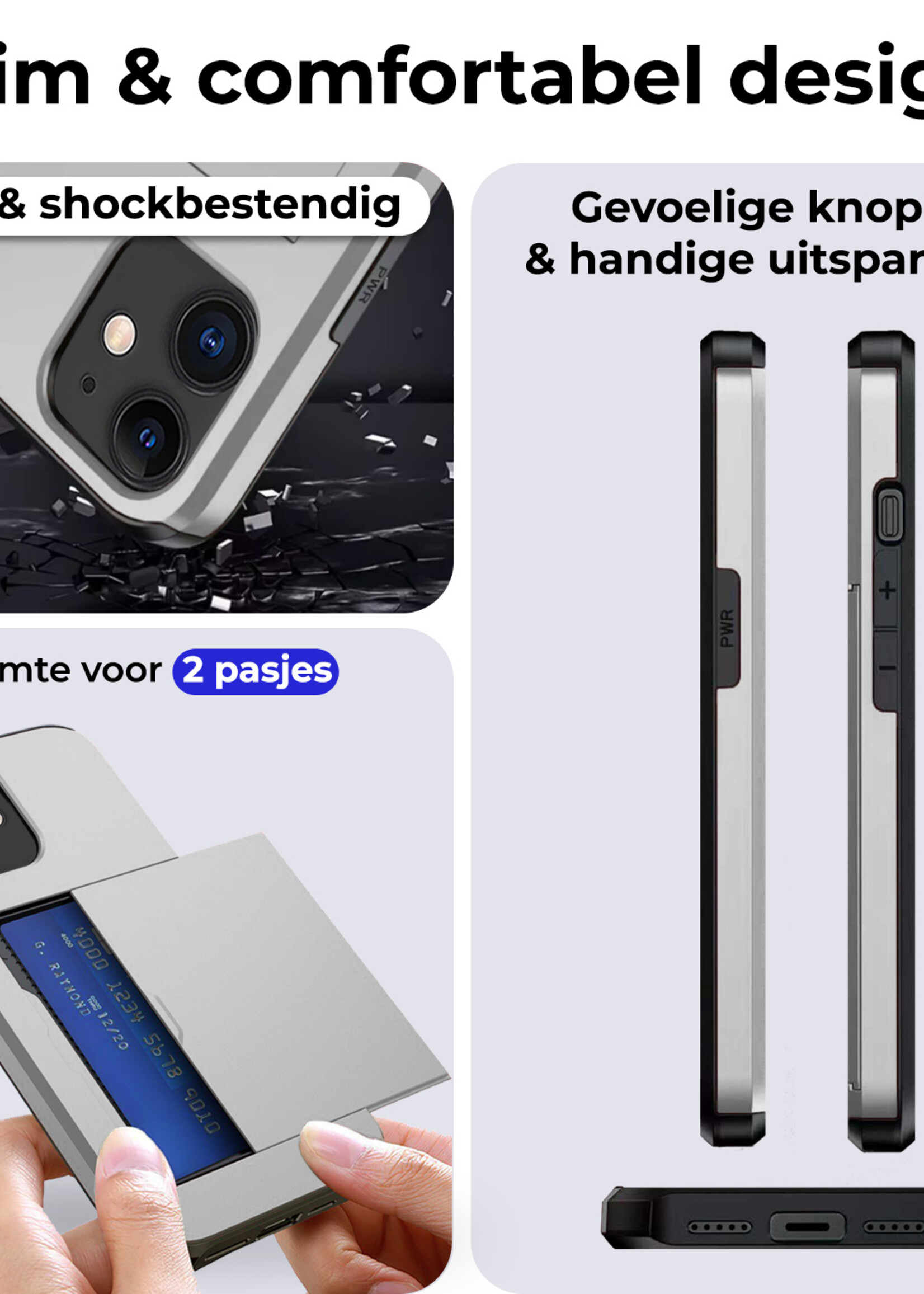 BTH Hoesje Geschikt voor iPhone 11 Hoesje Met Pasjeshouder Hard Case Met Kaarthouder Met 2x Screenprotector - Hoes Geschikt voor iPhone 11 Hoesje Shock Proof Case - Grijs