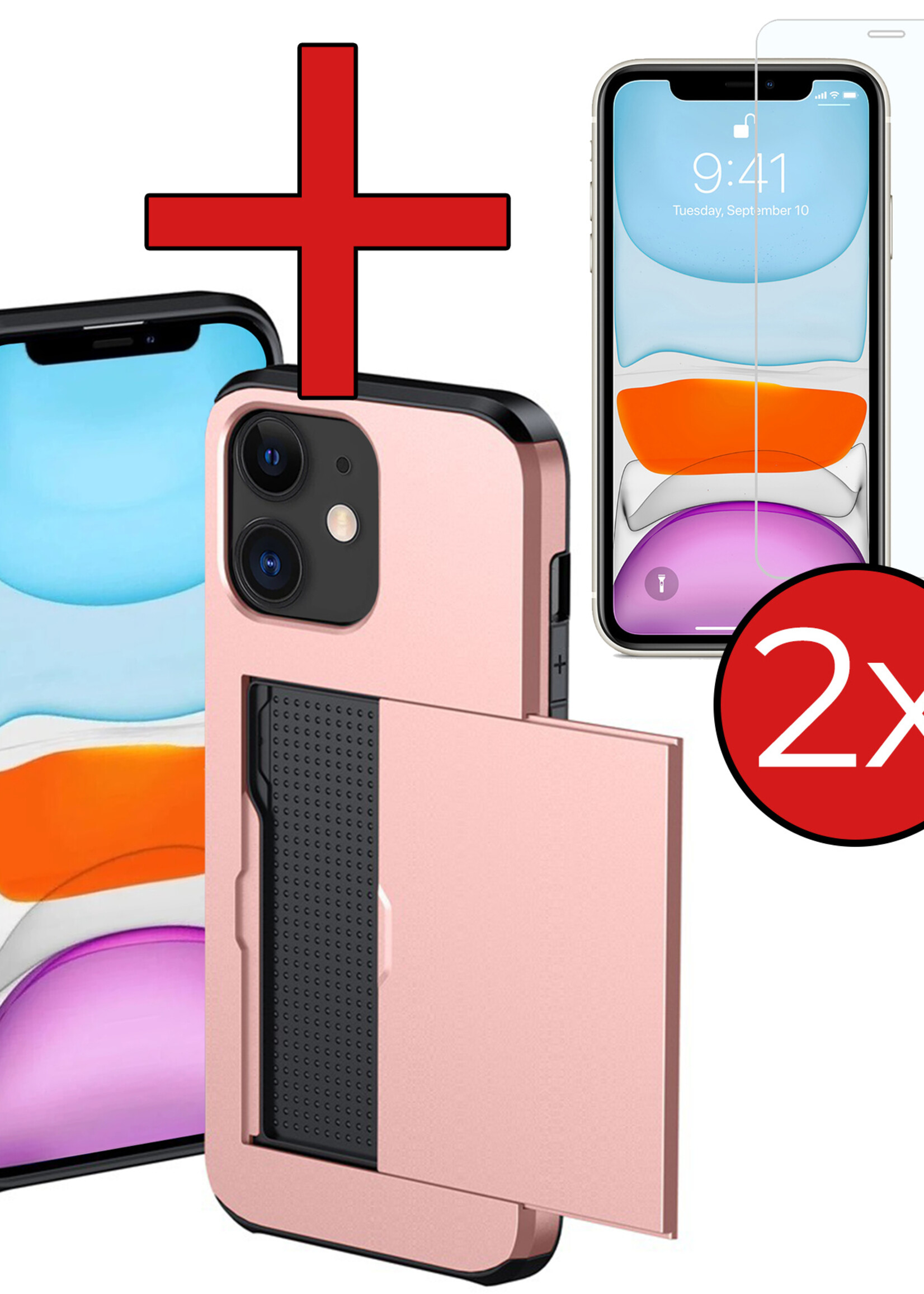 BTH Hoesje Geschikt voor iPhone 11 Hoesje Met Pasjeshouder Hard Case Met Kaarthouder Met 2x Screenprotector - Hoes Geschikt voor iPhone 11 Hoesje Shock Proof Case - Rosé Goud