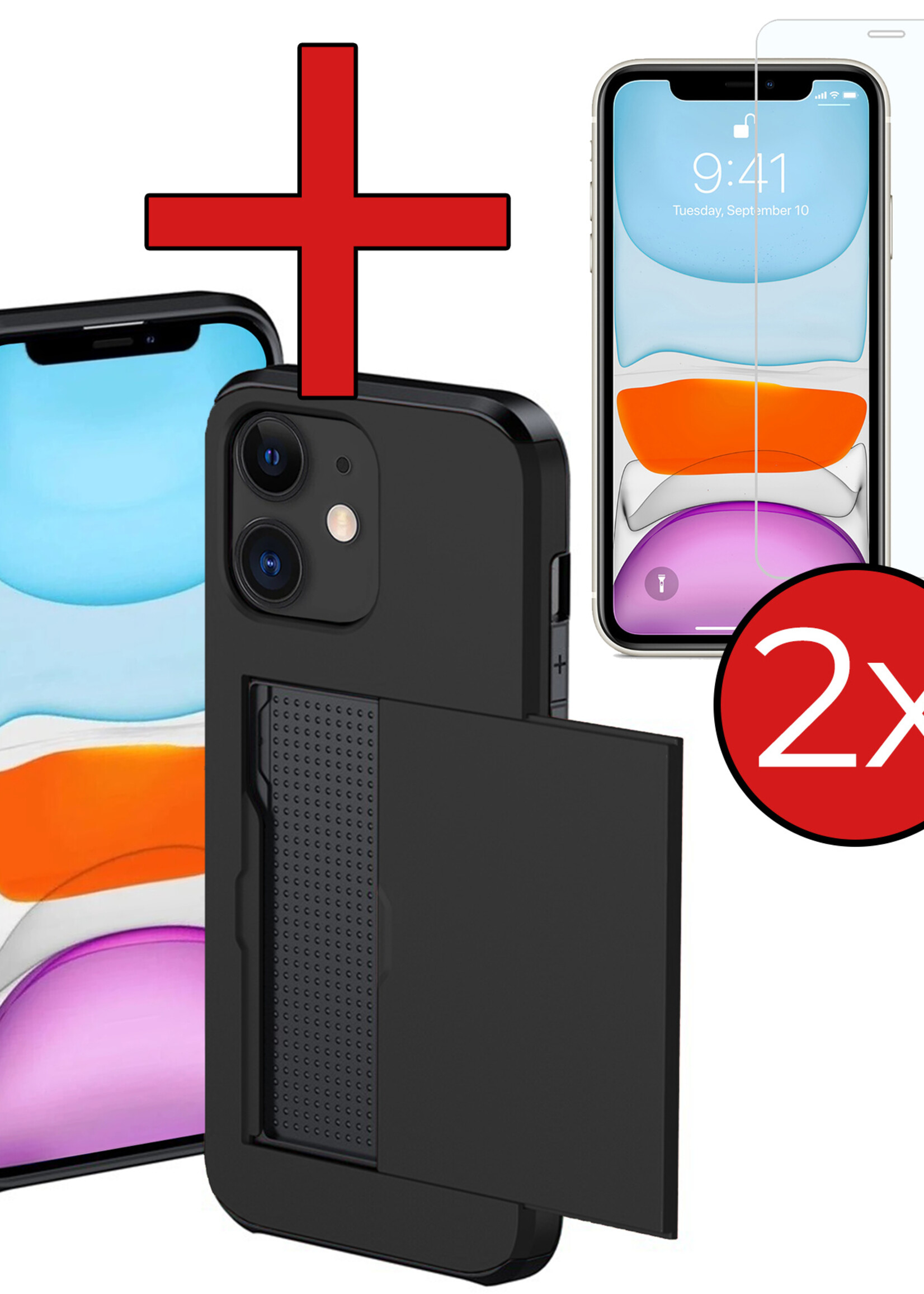 BTH Hoesje Geschikt voor iPhone 11 Hoesje Met Pasjeshouder Hard Case Met Kaarthouder Met 2x Screenprotector - Hoes Geschikt voor iPhone 11 Hoesje Shock Proof Case - Zwart