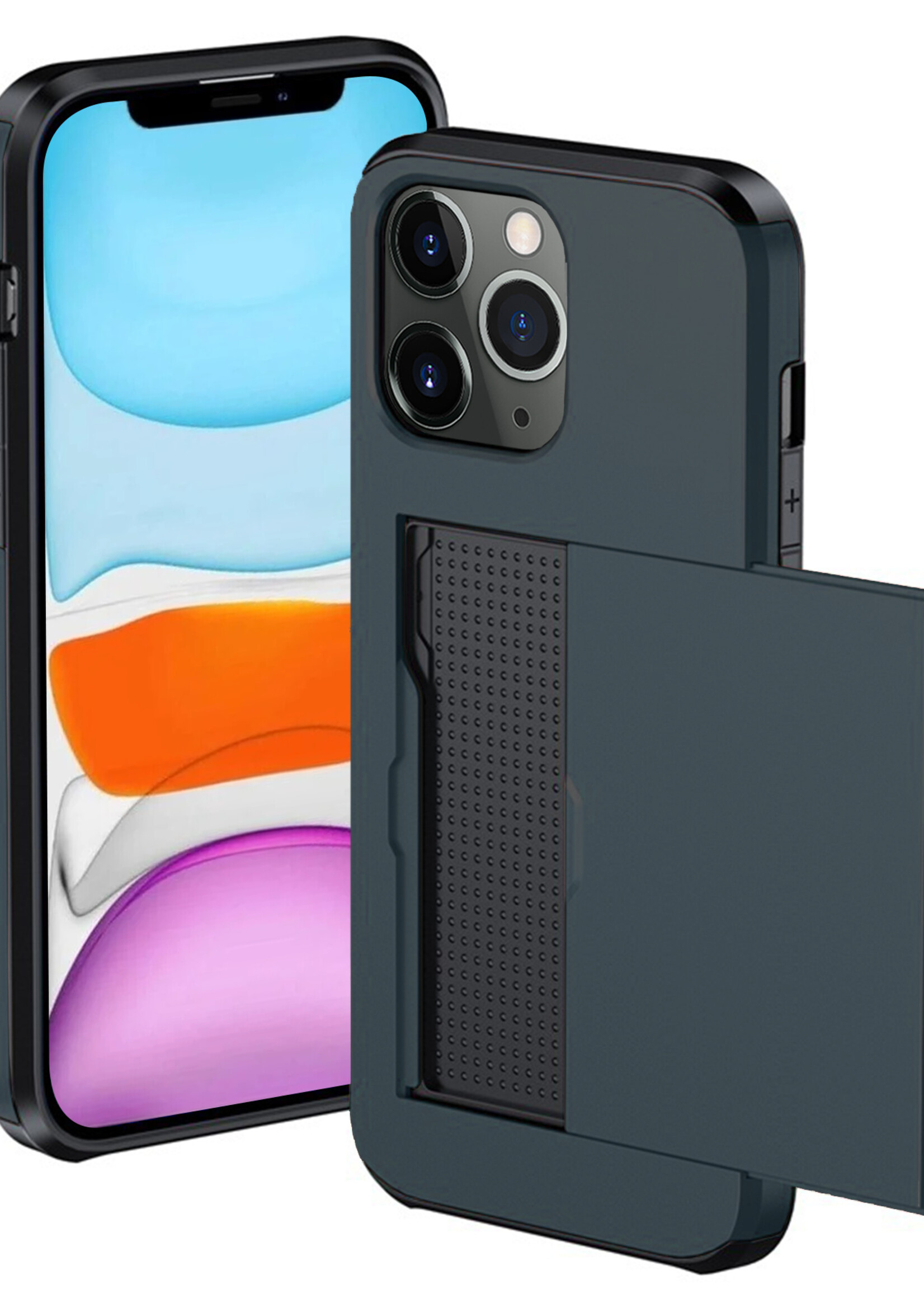 BTH Hoesje Geschikt voor iPhone 11 Pro Hoesje Met Pasjeshouder Hard Case Met Kaarthouder - Hoes Geschikt voor iPhone 11 Pro Hoesje Shock Proof Case - Donker Blauw