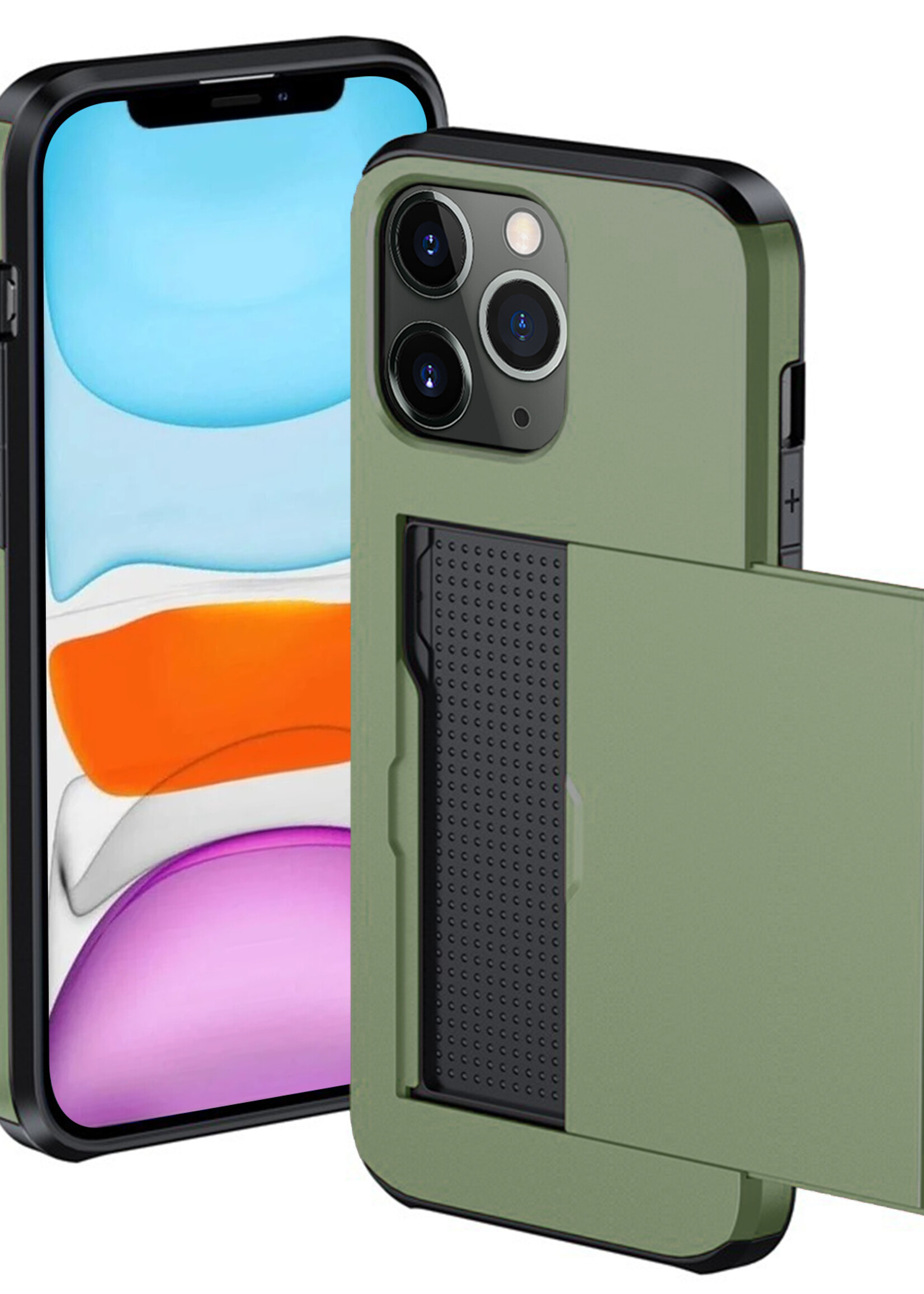 BTH Hoesje Geschikt voor iPhone 11 Pro Hoesje Met Pasjeshouder Hard Case Met Kaarthouder - Hoes Geschikt voor iPhone 11 Pro Hoesje Shock Proof Case - Donker Groen