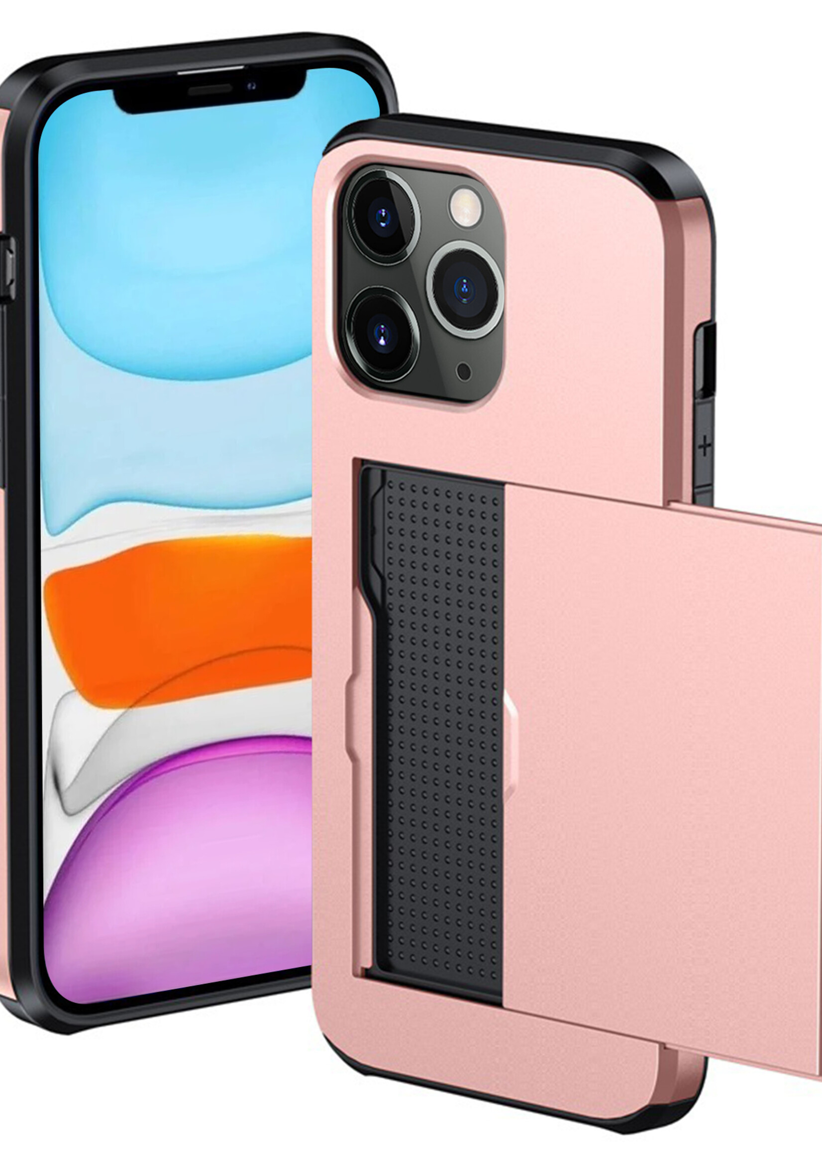 BTH Hoesje Geschikt voor iPhone 11 Pro Hoesje Met Pasjeshouder Hard Case Met Kaarthouder - Hoes Geschikt voor iPhone 11 Pro Hoesje Shock Proof Case - Rosé Goud