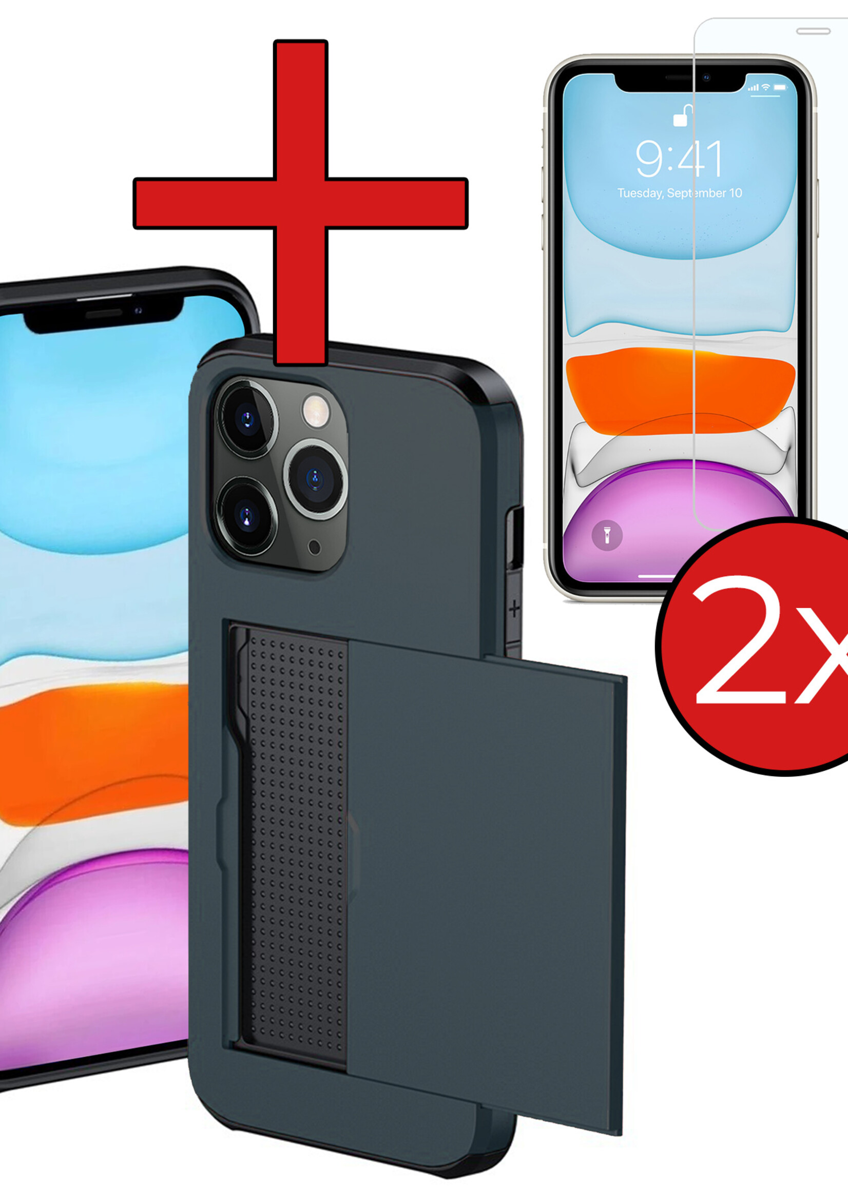 BTH Hoesje Geschikt voor iPhone 11 Pro Hoesje Met Pasjeshouder Hard Case Met Kaarthouder Met 2x Screenprotector - Hoes Geschikt voor iPhone 11 Pro Hoesje Shock Proof Case - Donker Blauw