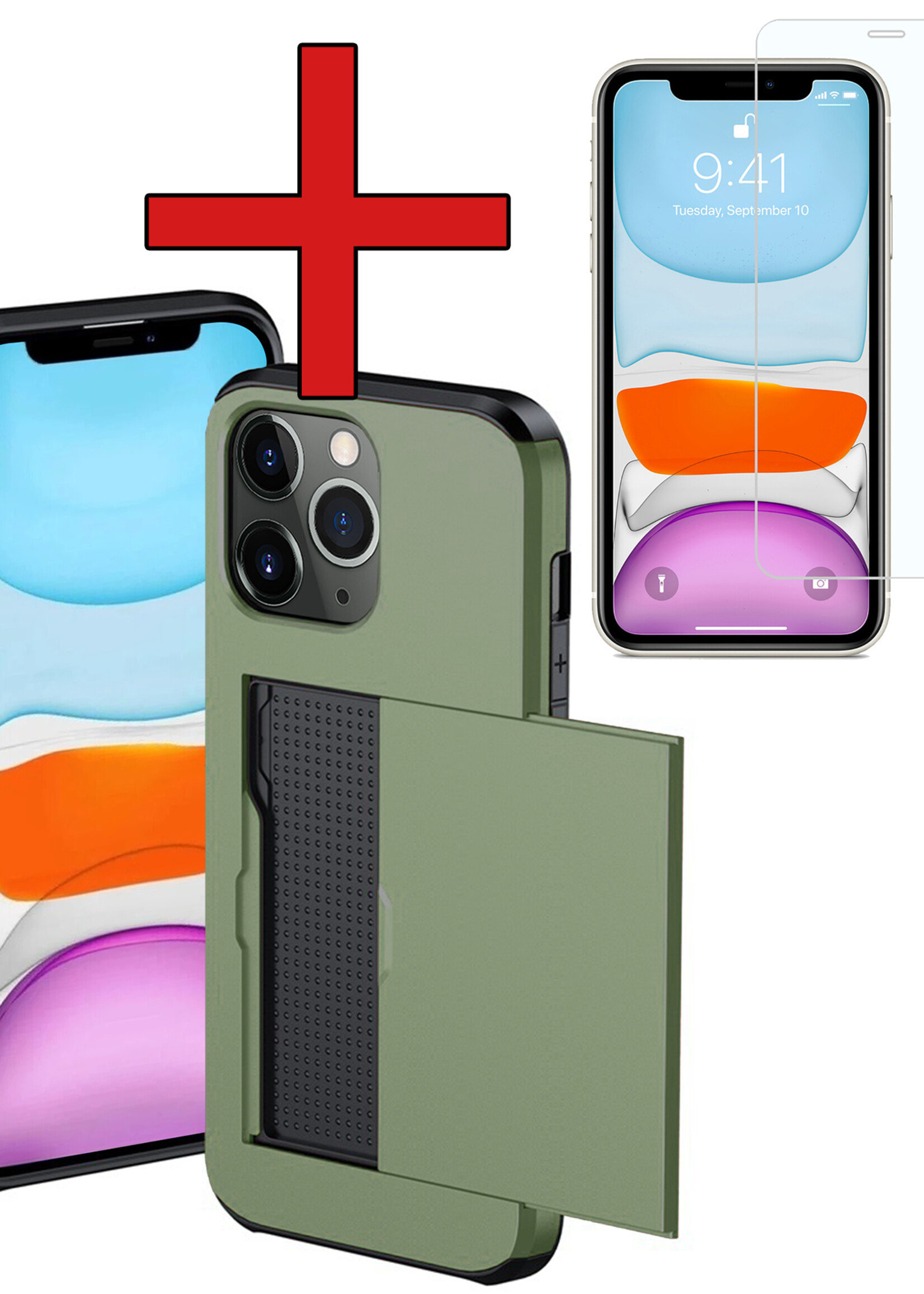 BTH Hoesje Geschikt voor iPhone 11 Pro Max Hoesje Met Pasjeshouder Hard Case Met Kaarthouder Met Screenprotector - Hoes Geschikt voor iPhone 11 Pro Max Hoesje Shock Proof Case - Donker Groen
