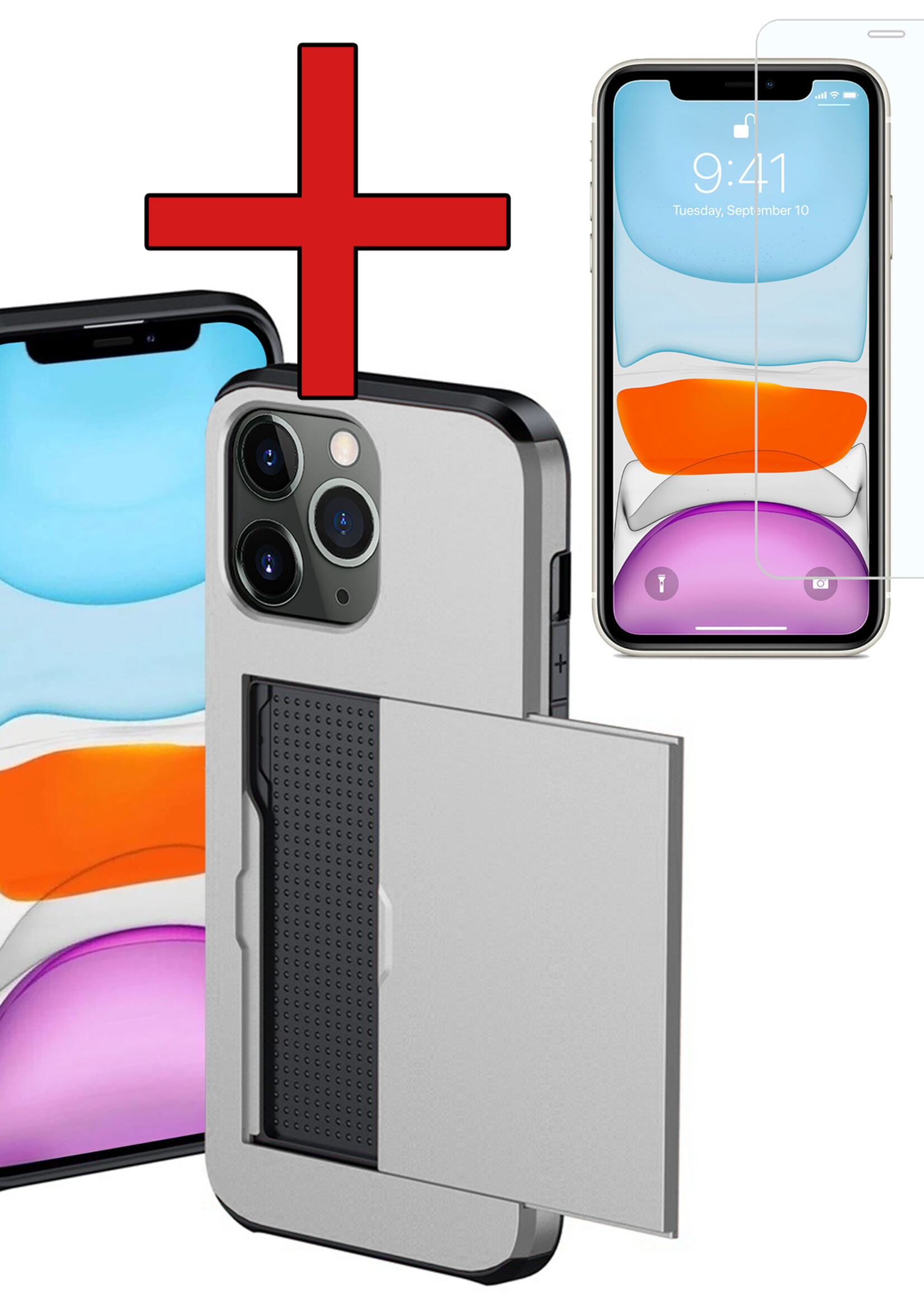 BTH Hoesje Geschikt voor iPhone 11 Pro Max Hoesje Met Pasjeshouder Hard Case Met Kaarthouder Met Screenprotector - Hoes Geschikt voor iPhone 11 Pro Max Hoesje Shock Proof Case - Grijs